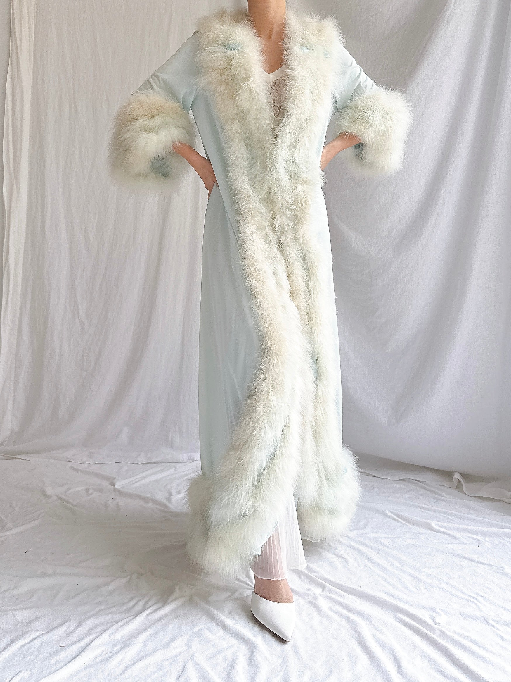 Rare 1960s Heft Baby Blue Marabou & Nylon Duster - OSFM