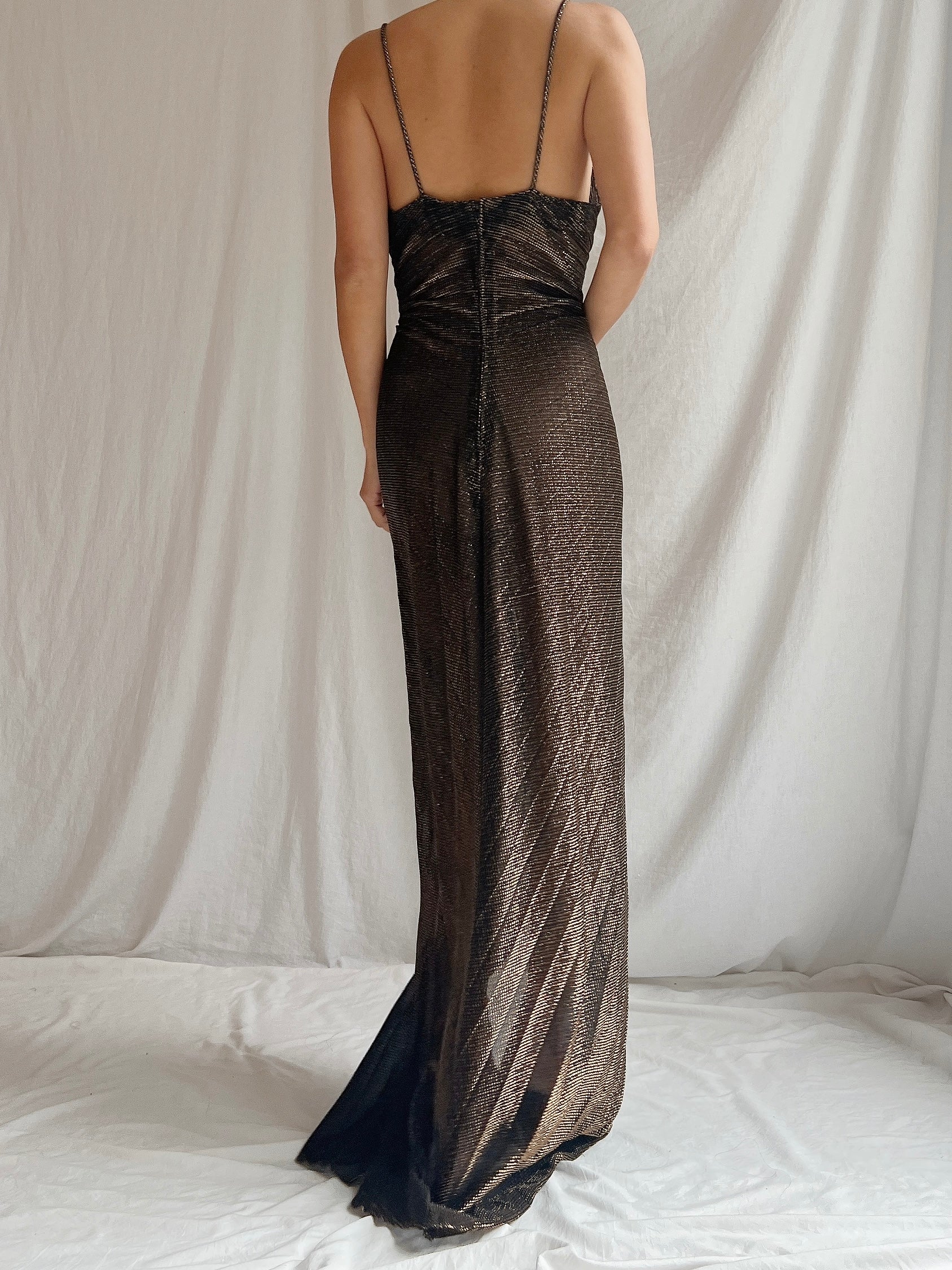 Vintage Bronze/Black Pleated Lurex Gown - S/M