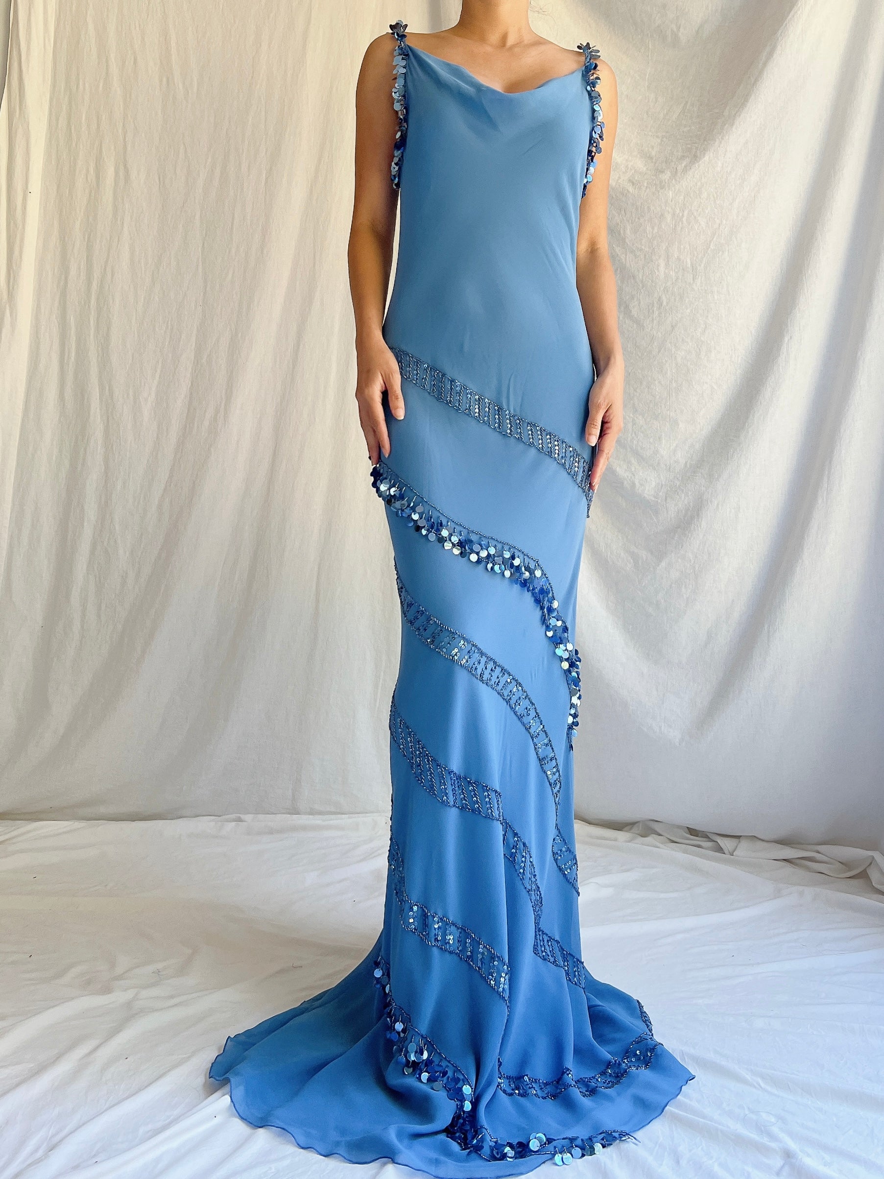 Vintage Blue Silk Crepe Gown - M/L