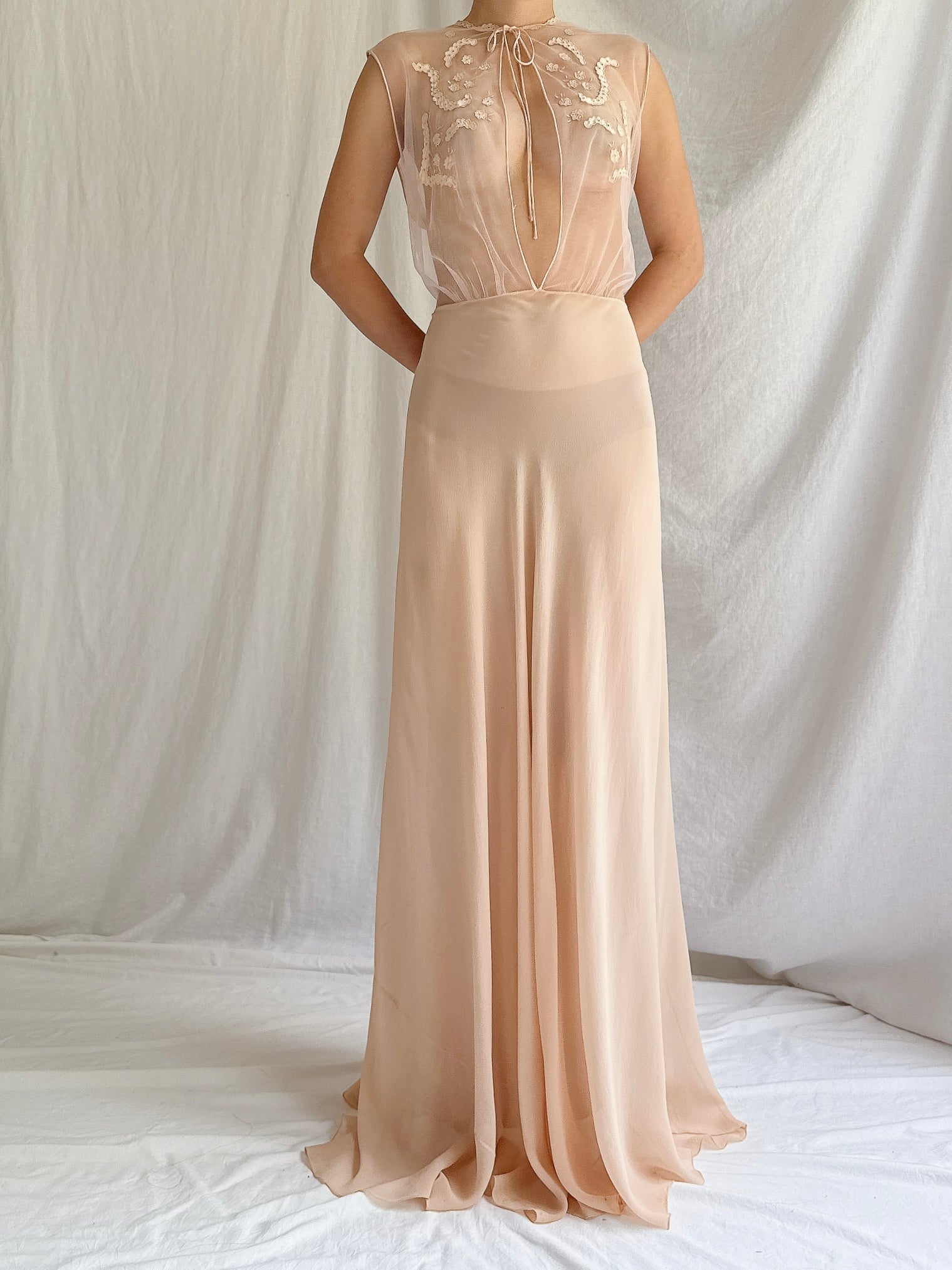 1930s Silk and Mesh Sheer Gown - S/M