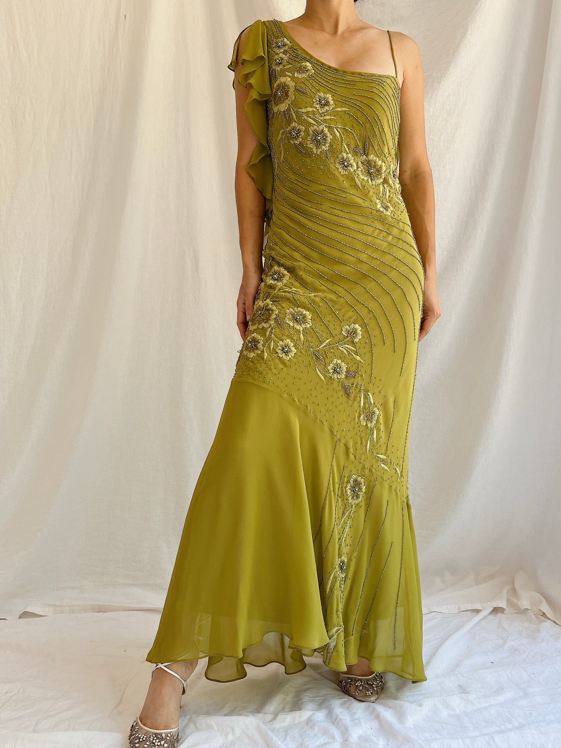 Vintage Bias Cut Moss Green Silk One Shoulder Dress - M