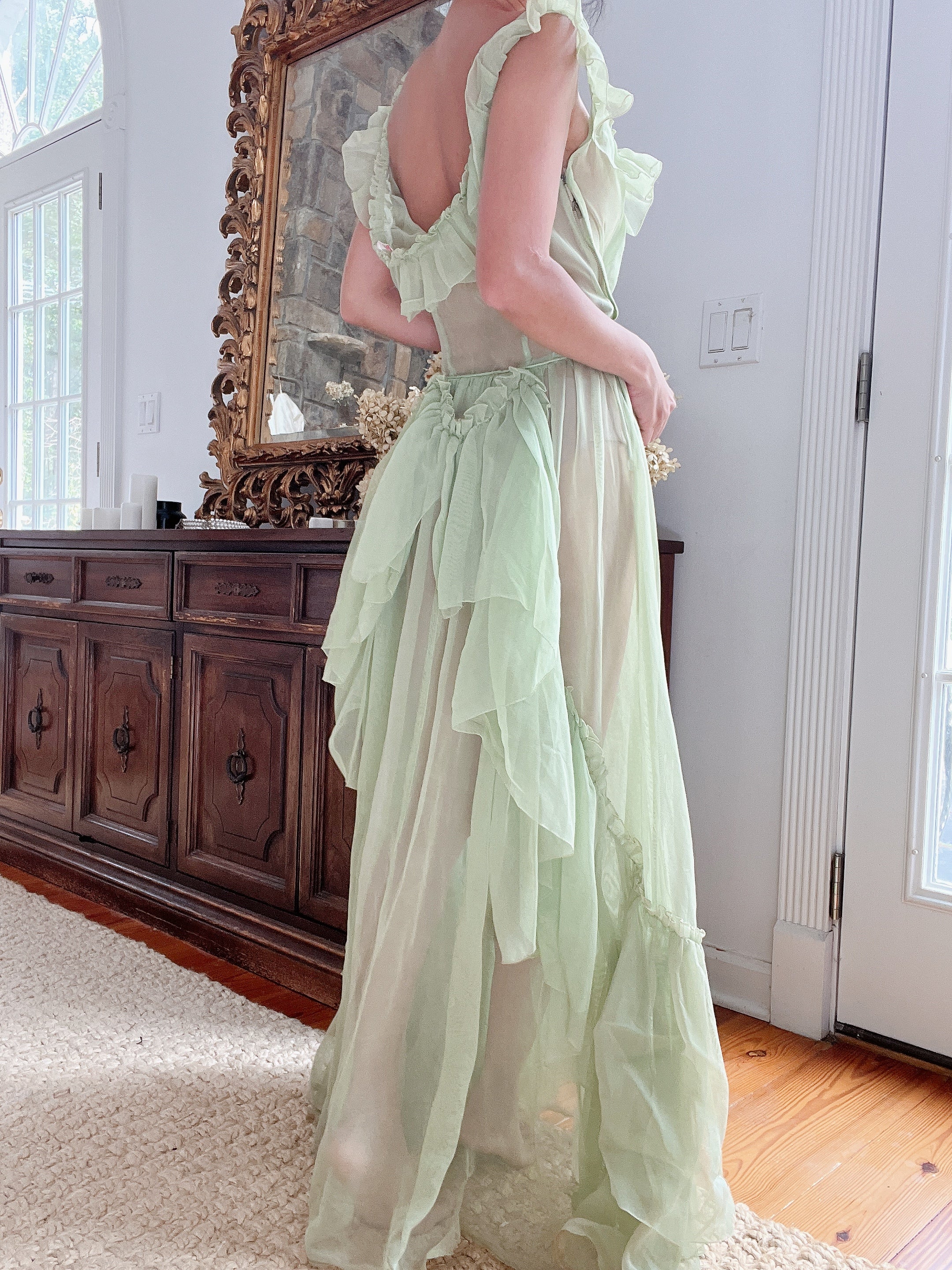 1940s Fred Perlberg Green Sheer Ruffle Dress