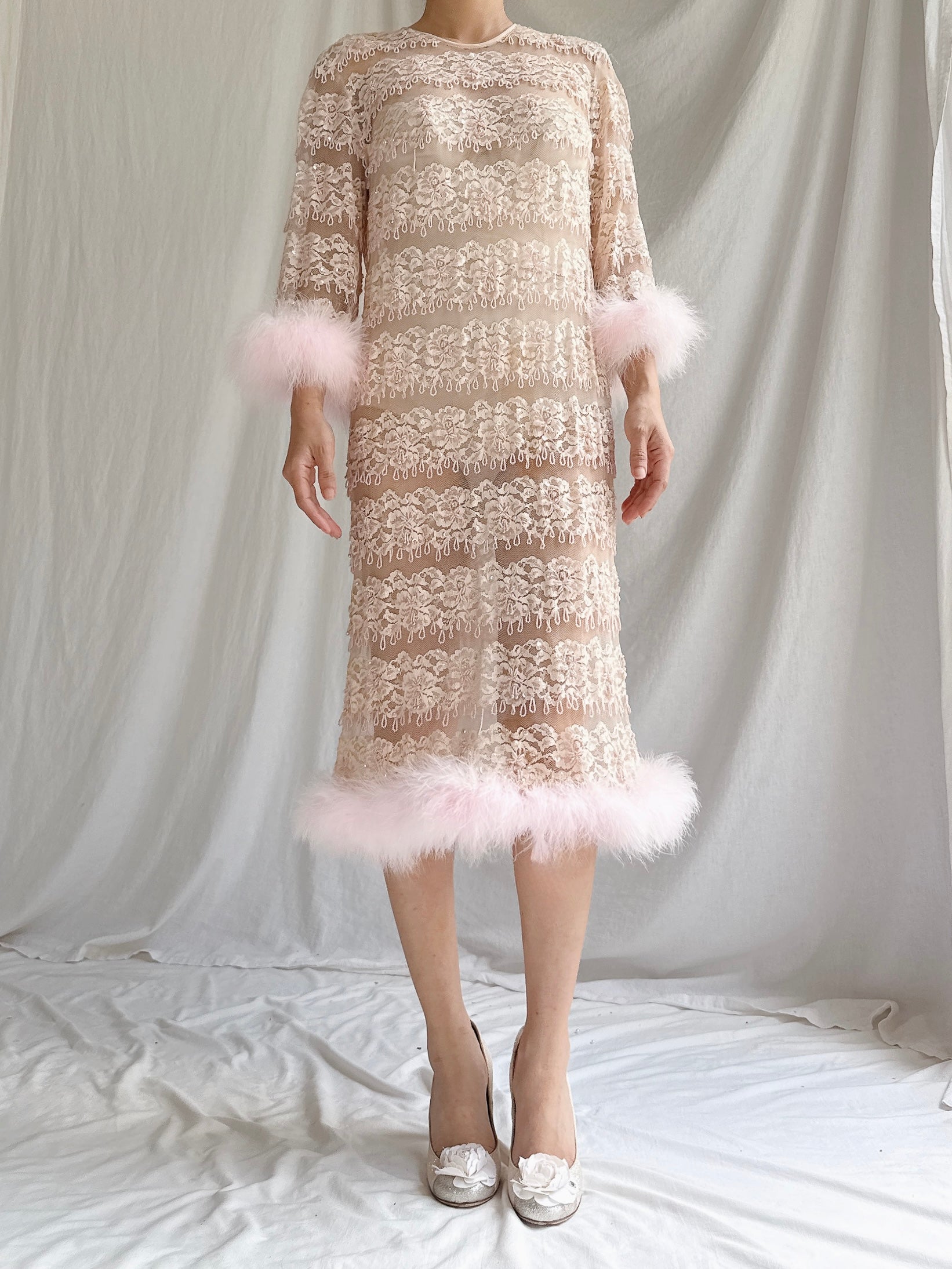 1960s Pink Beaded Dress with Feather Trim - S/M