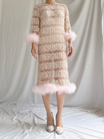 1960s Pink Beaded Dress with Feather Trim - S/M