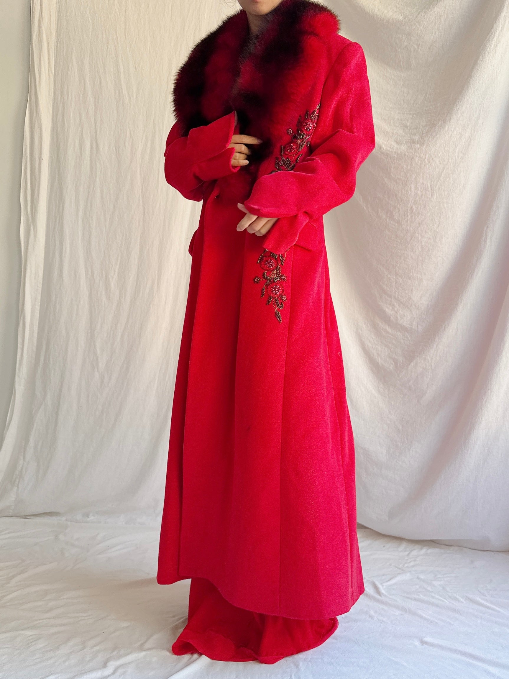 Vintage Red Wool Fox Fur Coat - M