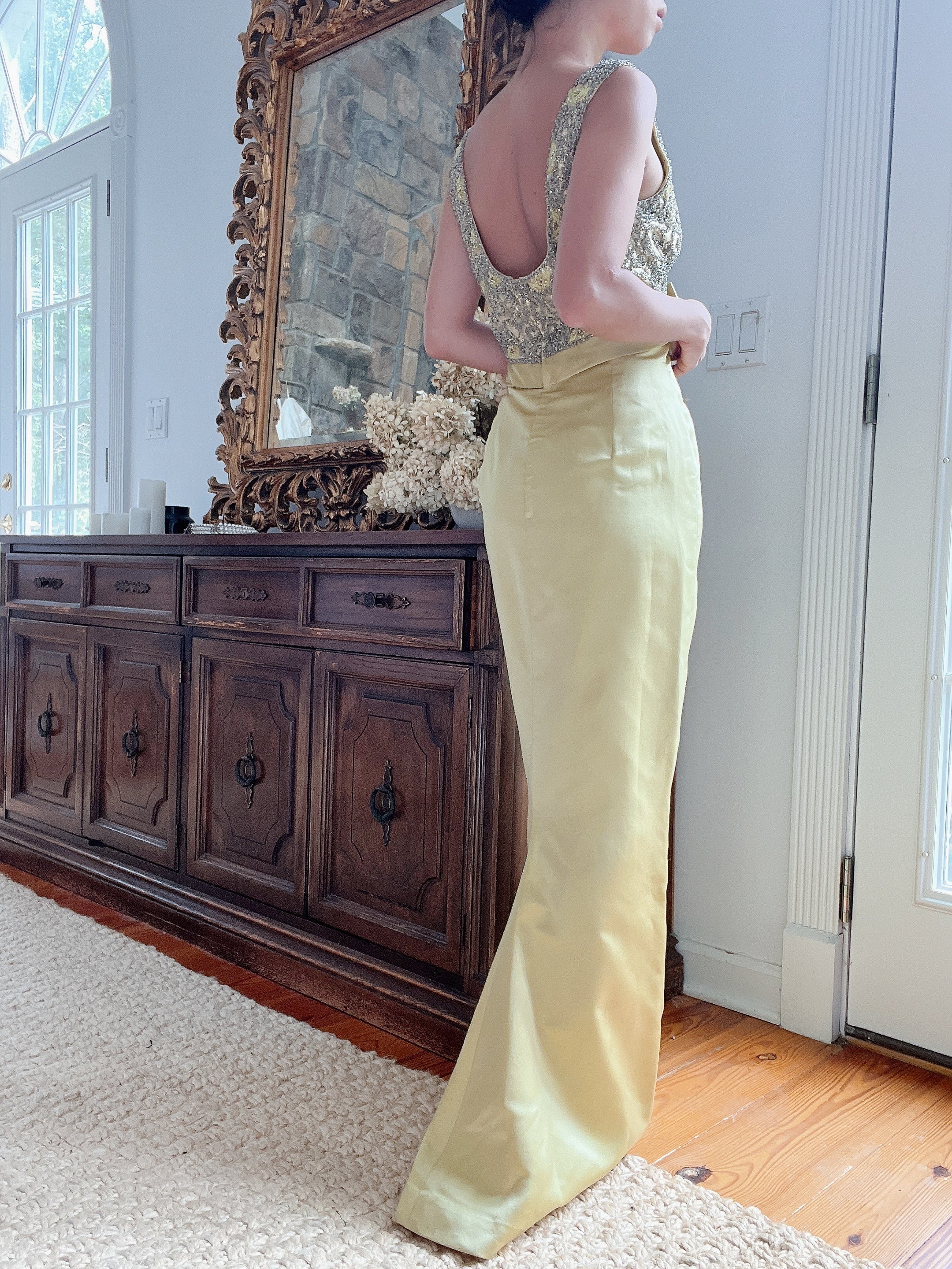 1960s Chartreuse Silk Beaded Gown - S