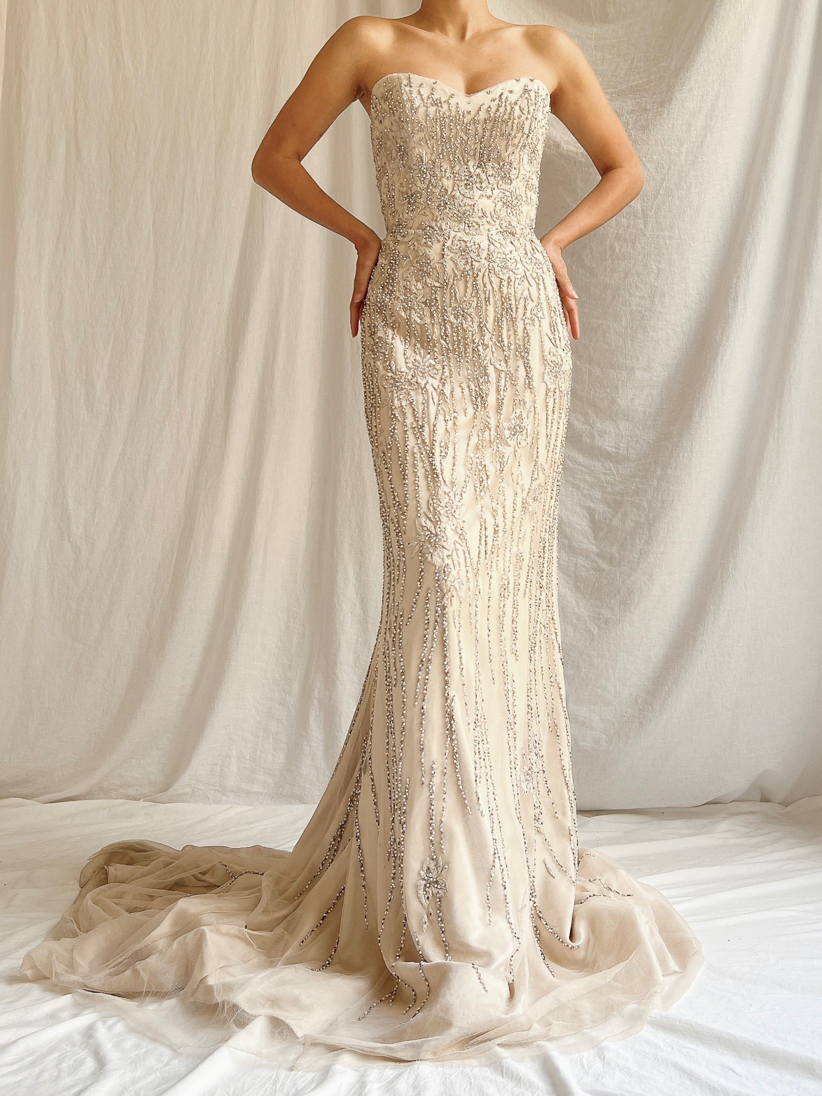 Vintage Beige Beaded Silk Gown - S/6