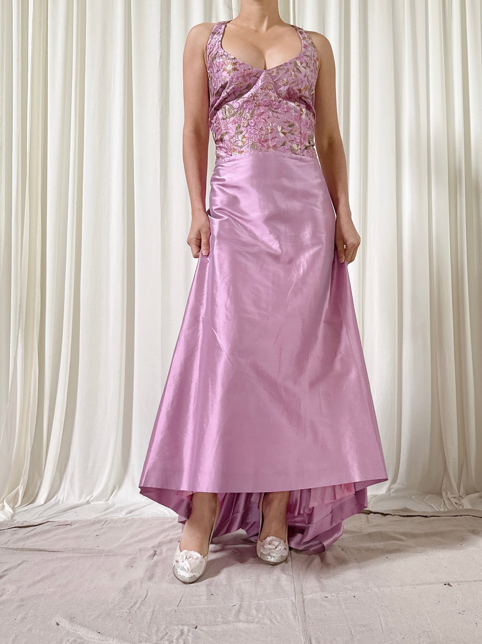 Vintage Silk Lavender Embroidered Dress - Size 44