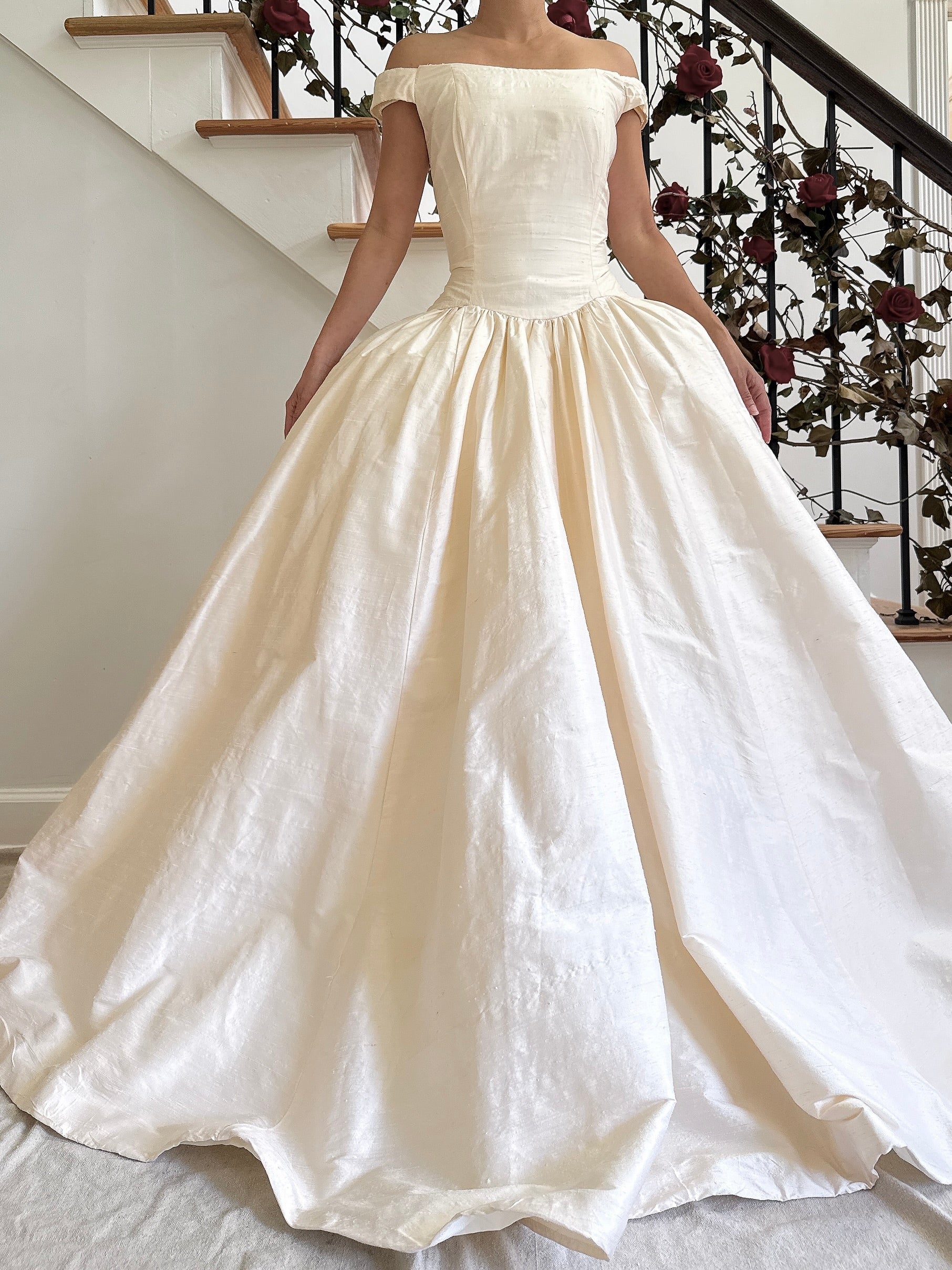 Vintage Raw Silk Portrait Collar Gown - M