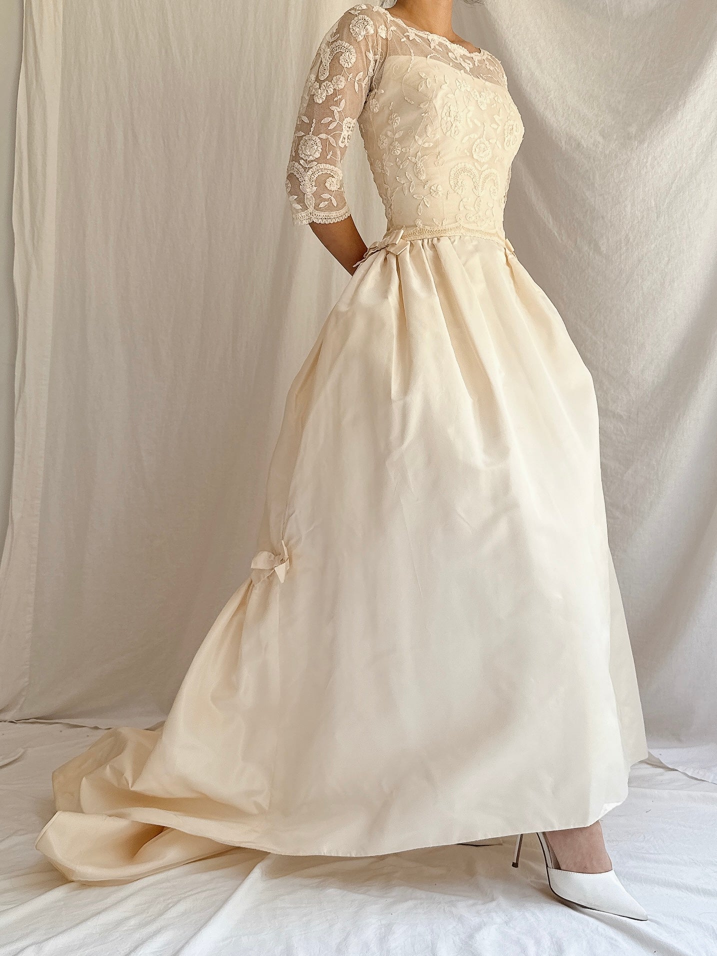 1950s Silk Taffeta Duchesse Lace Dress - XXS/00