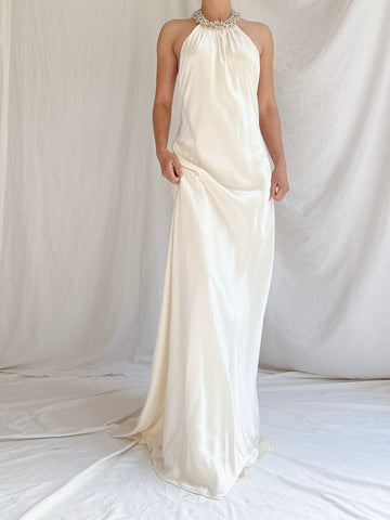Vintage Satin Beaded Collar Gown - M
