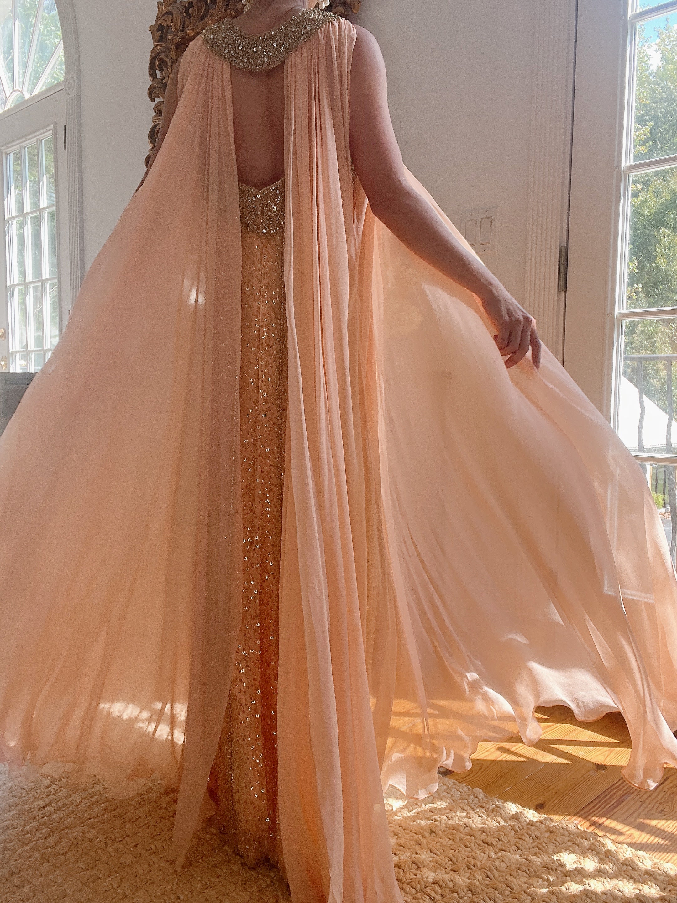 1960s Peach Beaded Gown & Cape - M/L