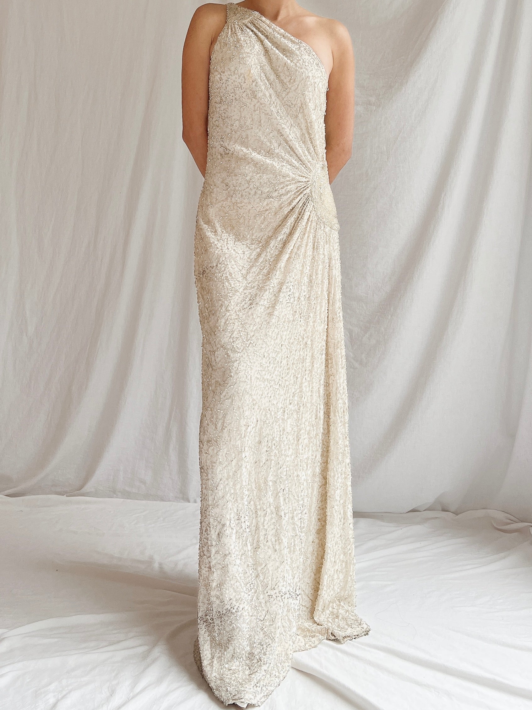 Vintage Silk One Shoulder Beaded Gown - M 6/8