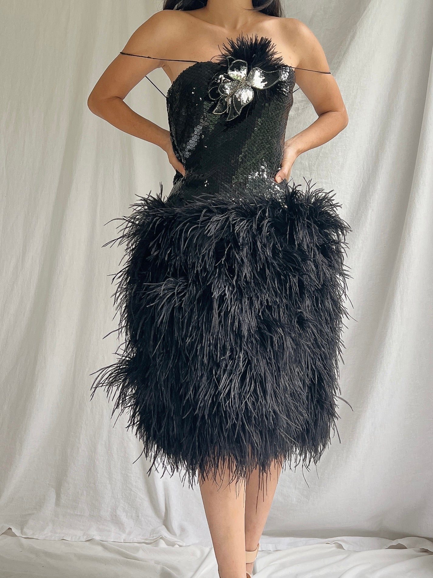 Vintage Lillie Rubin Ostrich Feather Dress - S