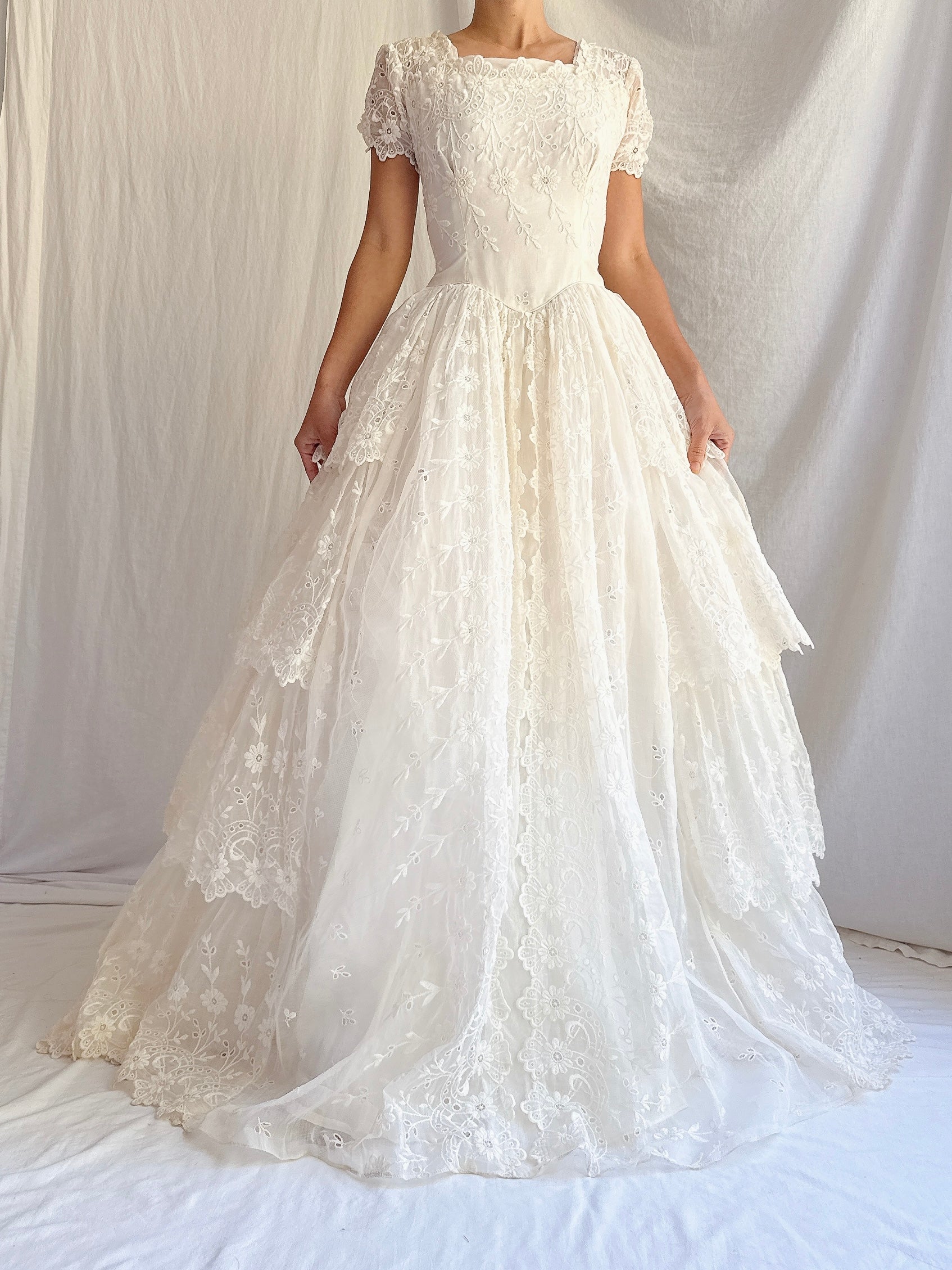1950s Tiered Organdy Embroidered Gown - XS
