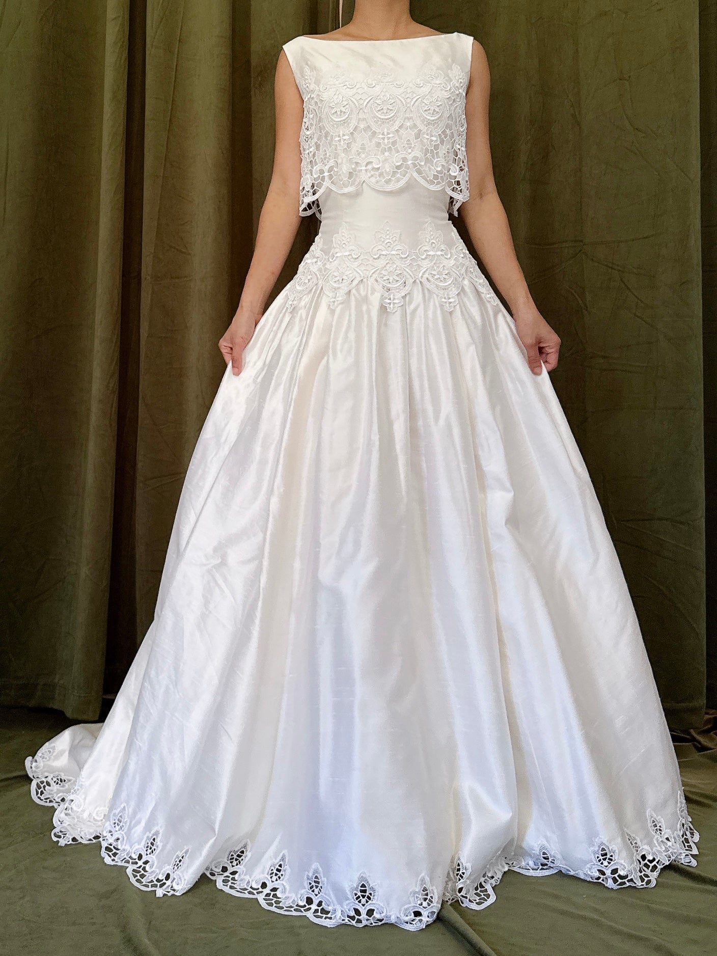 Vintage Raw Silk Embroidered Cutout Gown - S/4