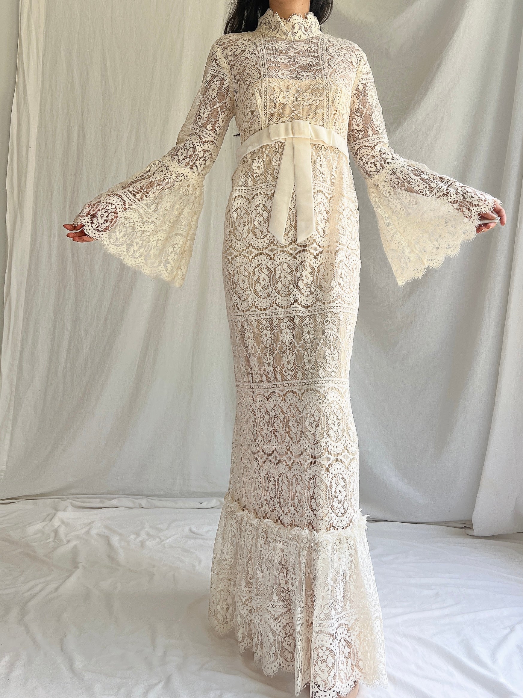 1970s Bell Sleeves Crochet Dress - XS | G O S S A M E R 1970s Bell Sleeves Crochet Dress - XS | G O S S A M E R