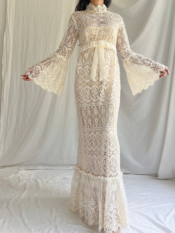 1970s Bell Sleeves Crochet Dress - XS