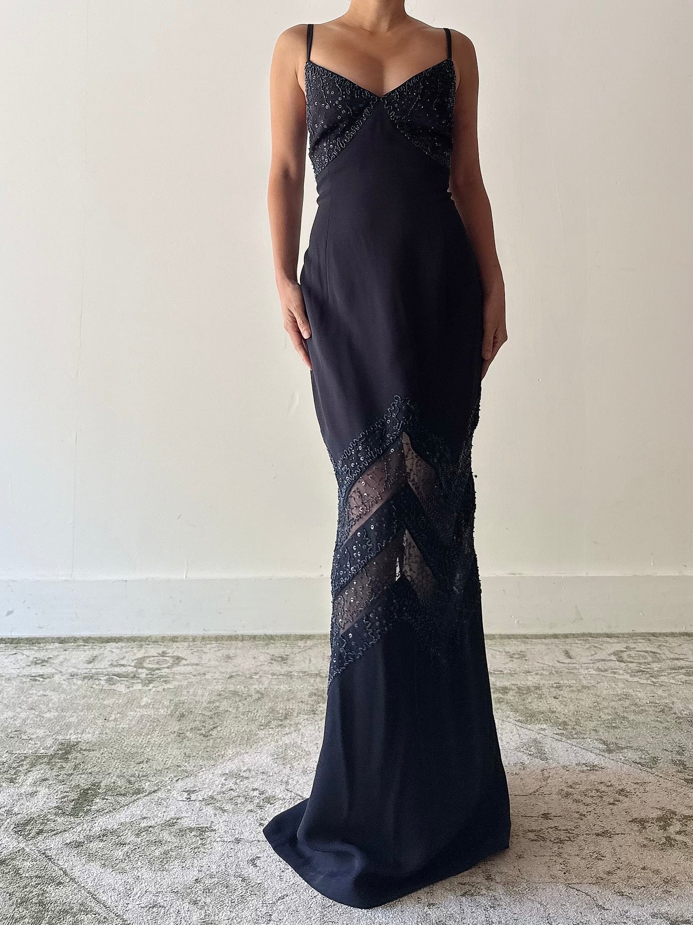 Vintage Navy Blue Rayon Beaded Dress - M