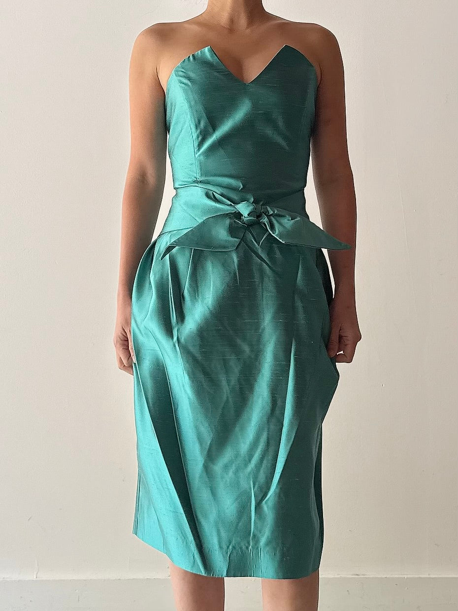 Vintage Turquoise Teal Silk Strapless Dress - FR42
