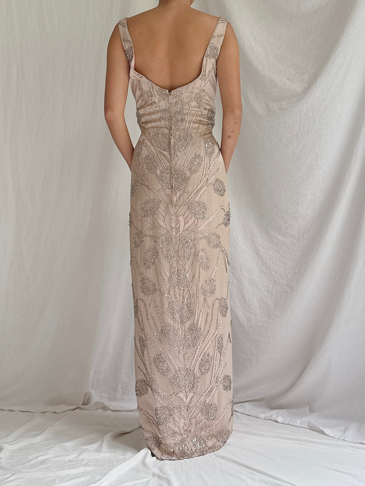 1960s Dusty Pink Silk Beaded Gown - M