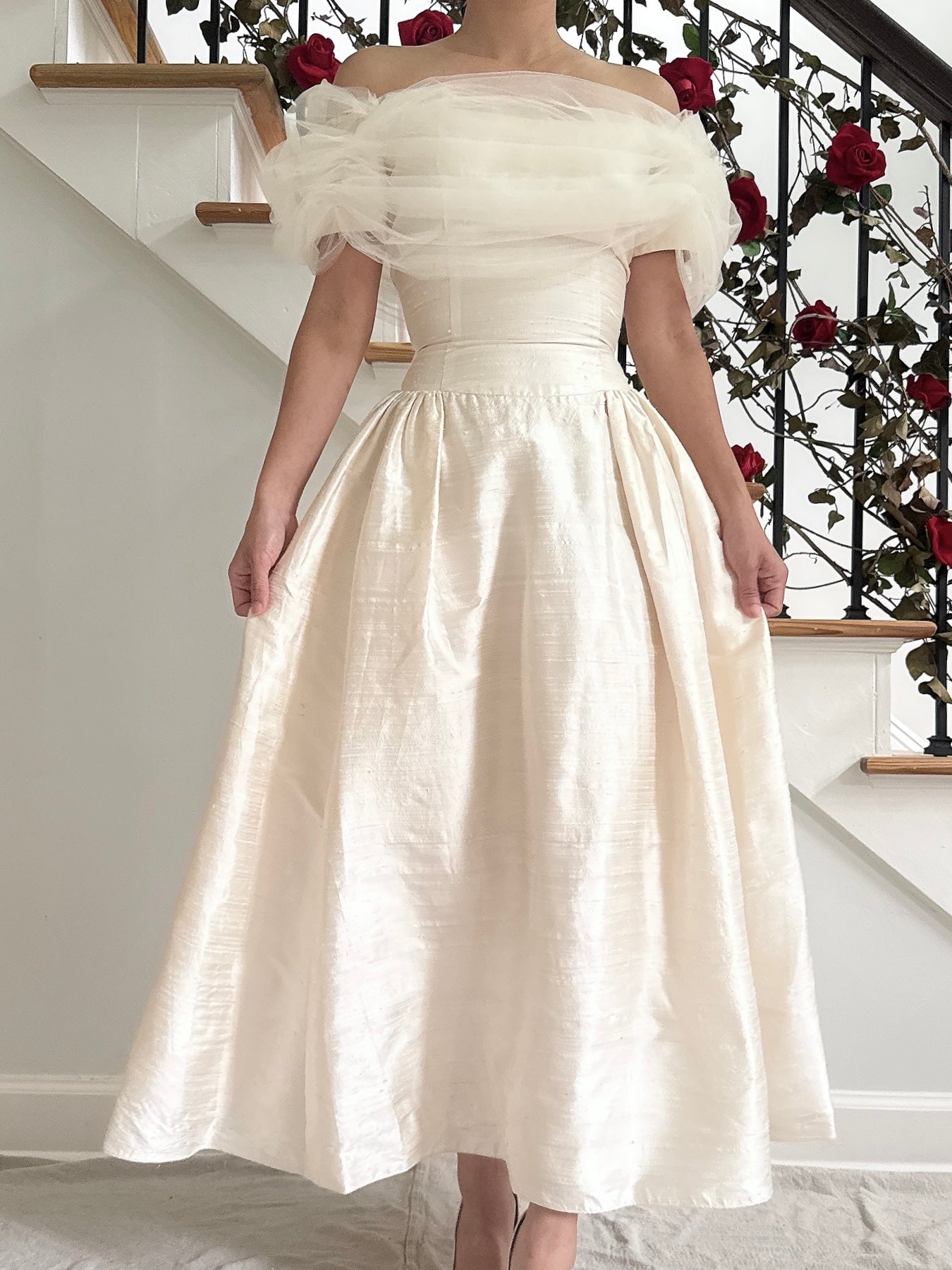 Vintage Raw Silk Tulle Dress Off The Shoulder - S/M