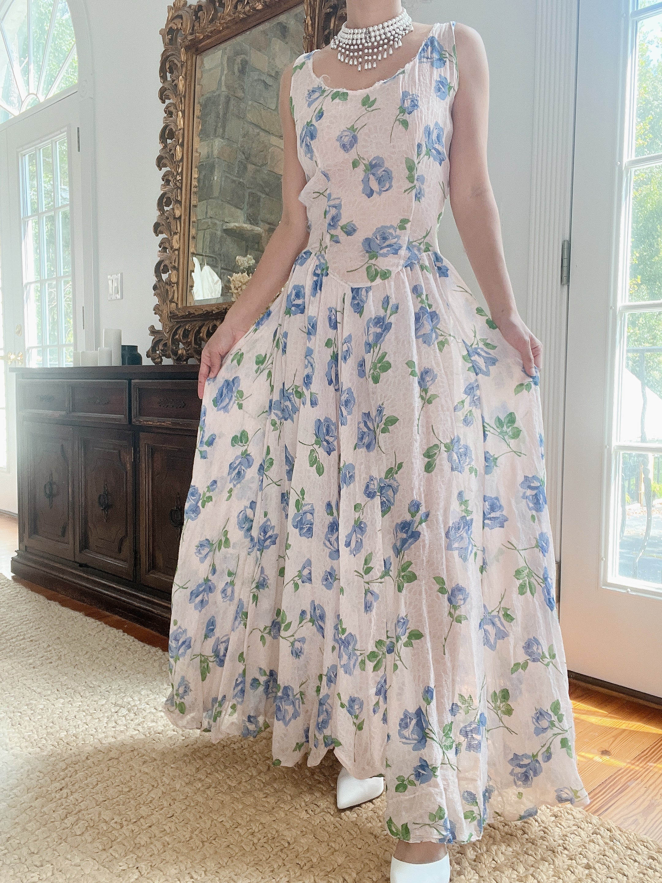 1940s Blue Floral Dress - M