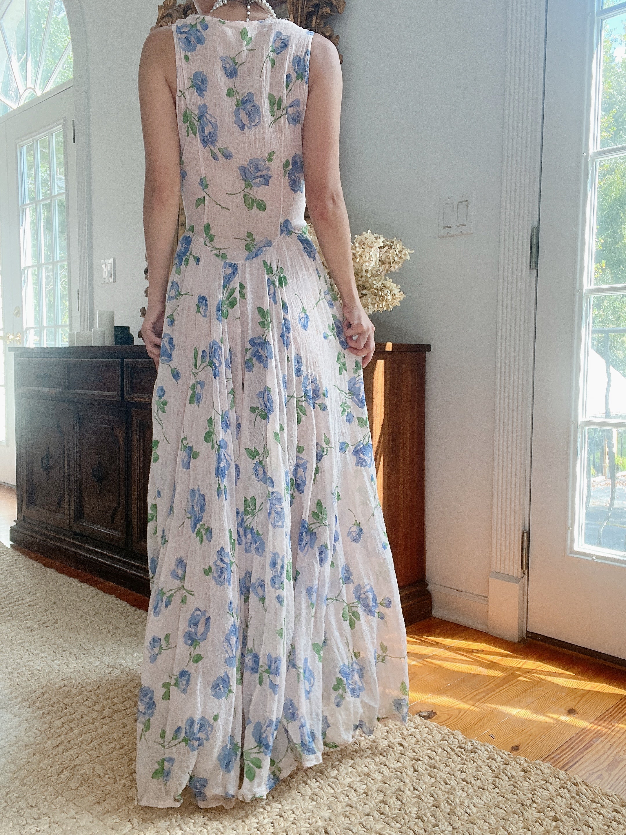 1940s Blue Floral Dress - M