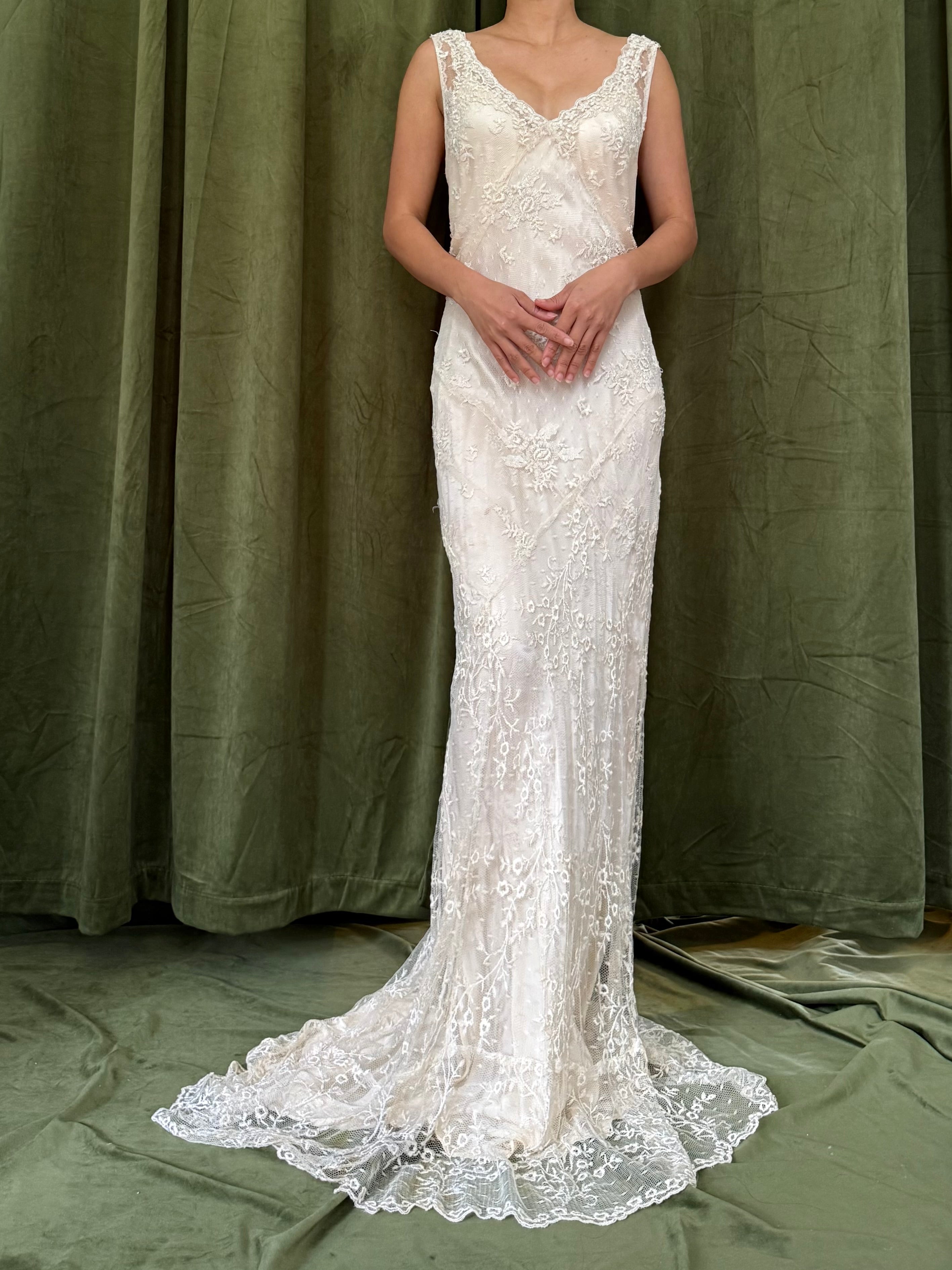 Vintage Beaded French Lace Gown with Silk Slip - S/M