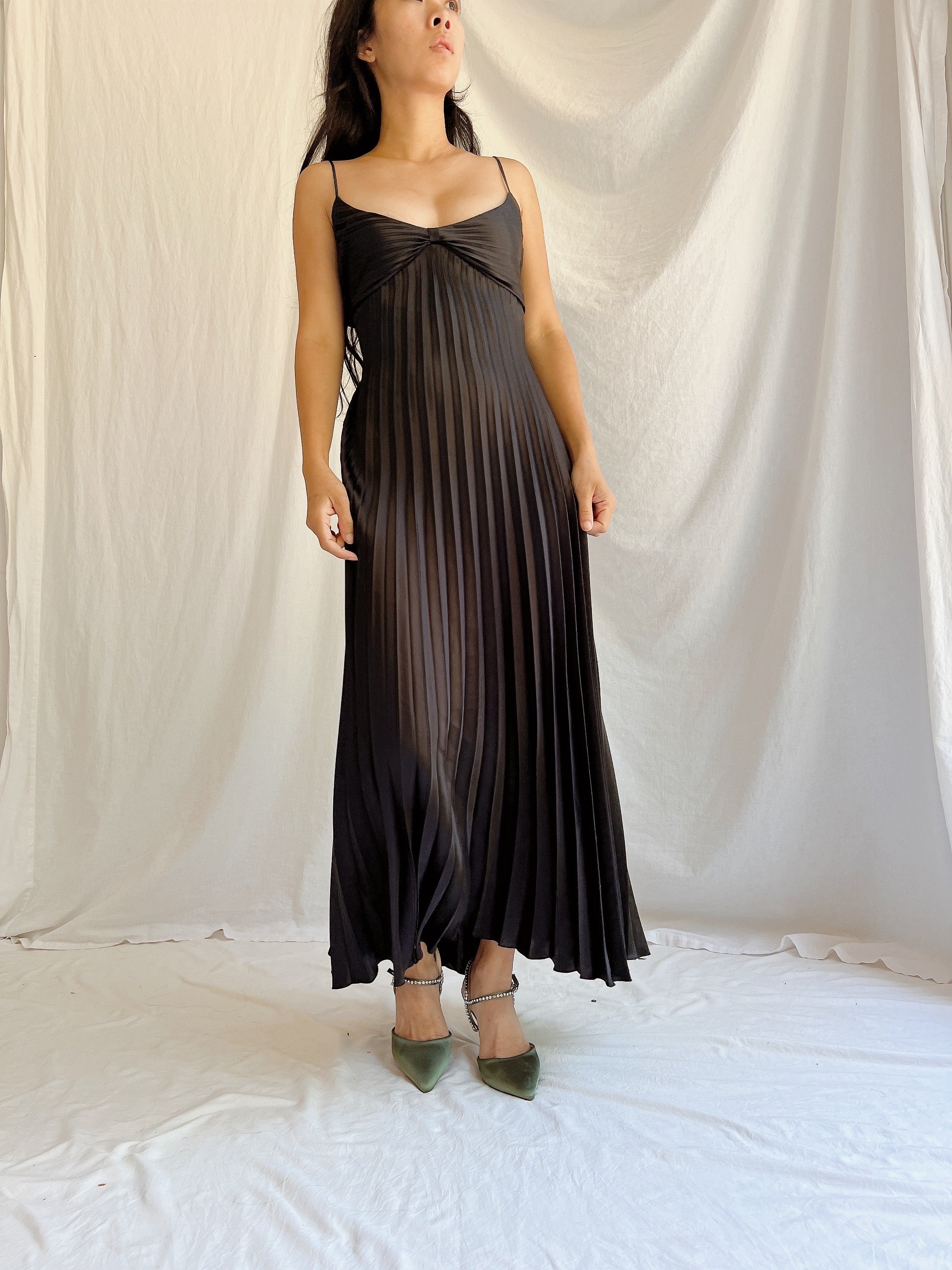 Vintage Black Pleated Slip Dress - M