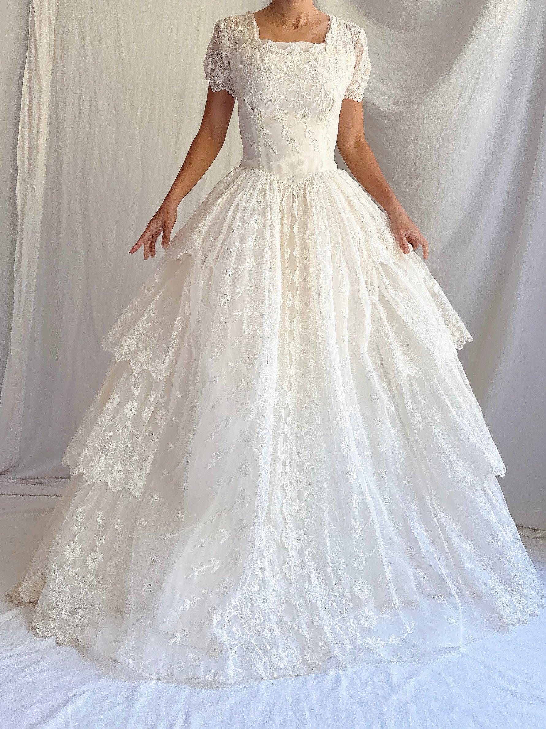 1950s Tiered Organdy Embroidered Gown - XS