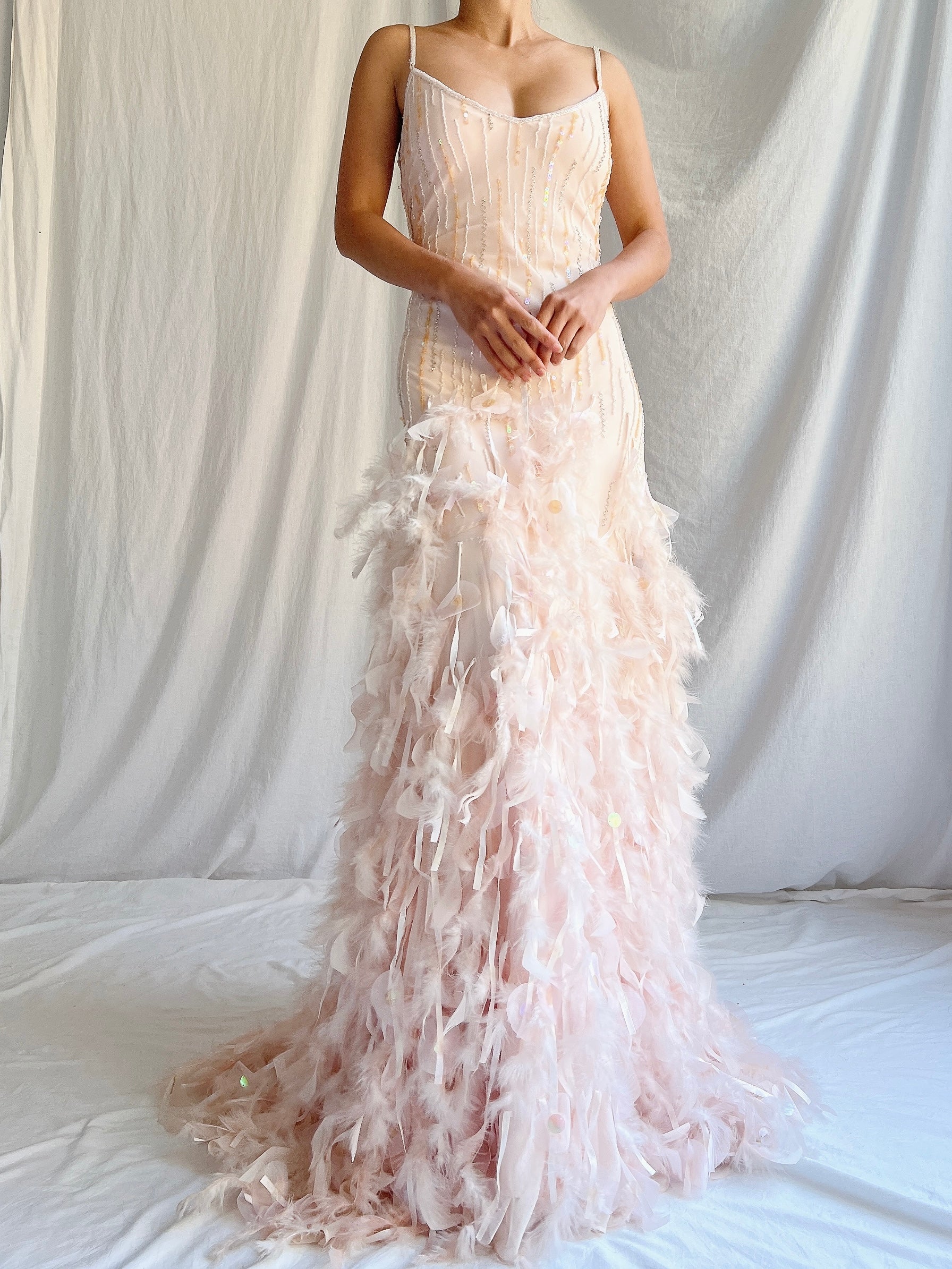 Vintage Blush Silk Feathered Gown - M