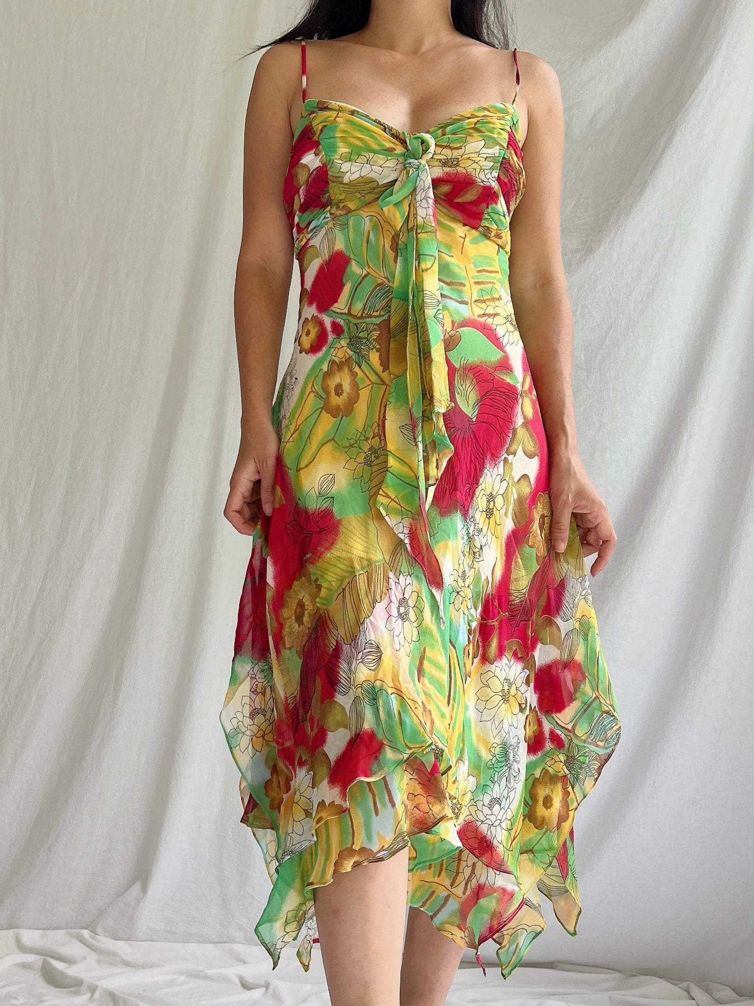 Y2K Silk Chiffon Floral Dress - M