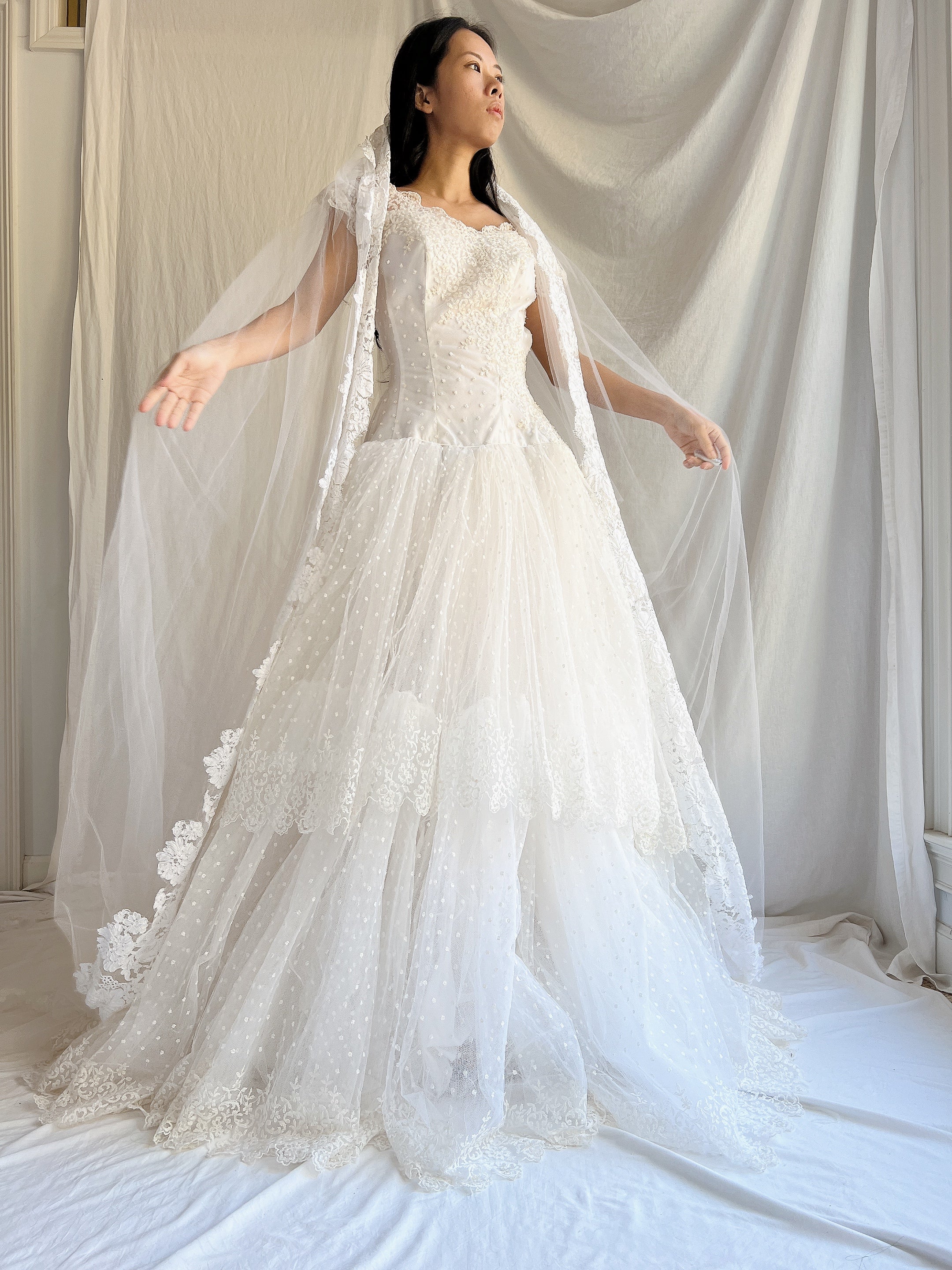 1950s Cathedral Alencon Double Tulle Veil