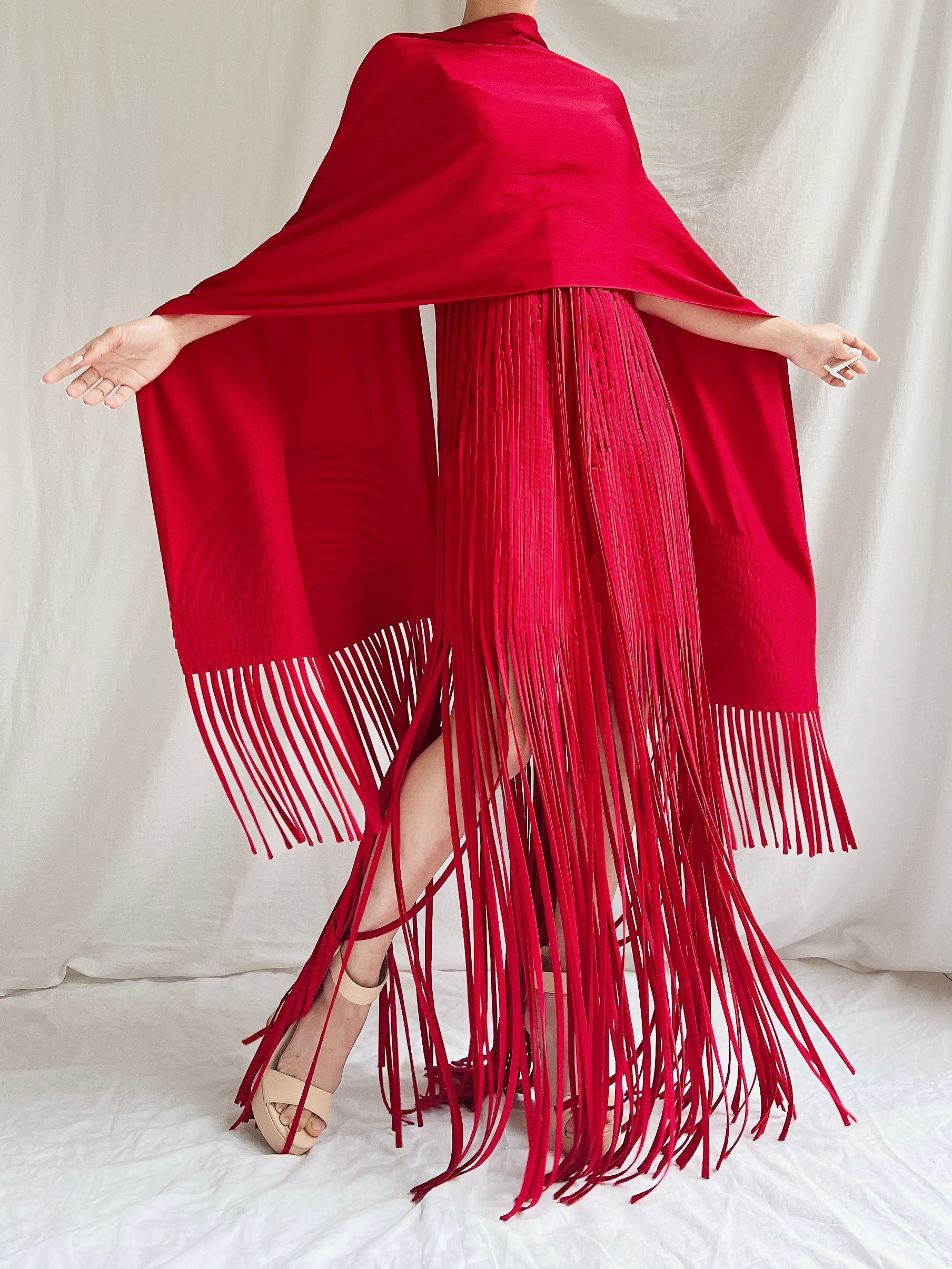 sue wong vintage dress Vintage Sue Wong Silk Fringed Gown with Scarf - M