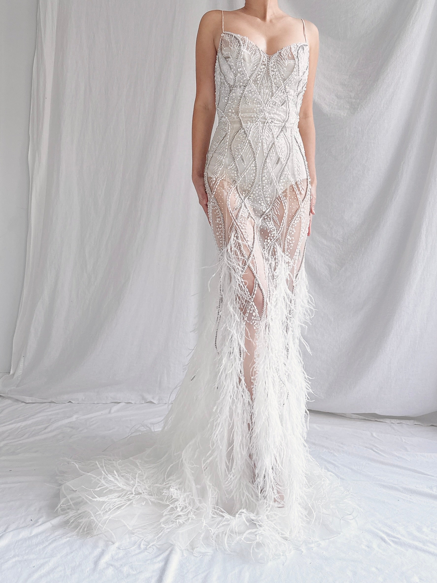 00 Stephen Yearrick Pearl Feather Gown - S-M