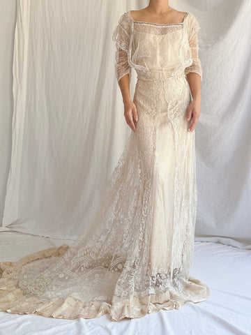 Antique Duchesse Lace Gown with Silk Slip - S