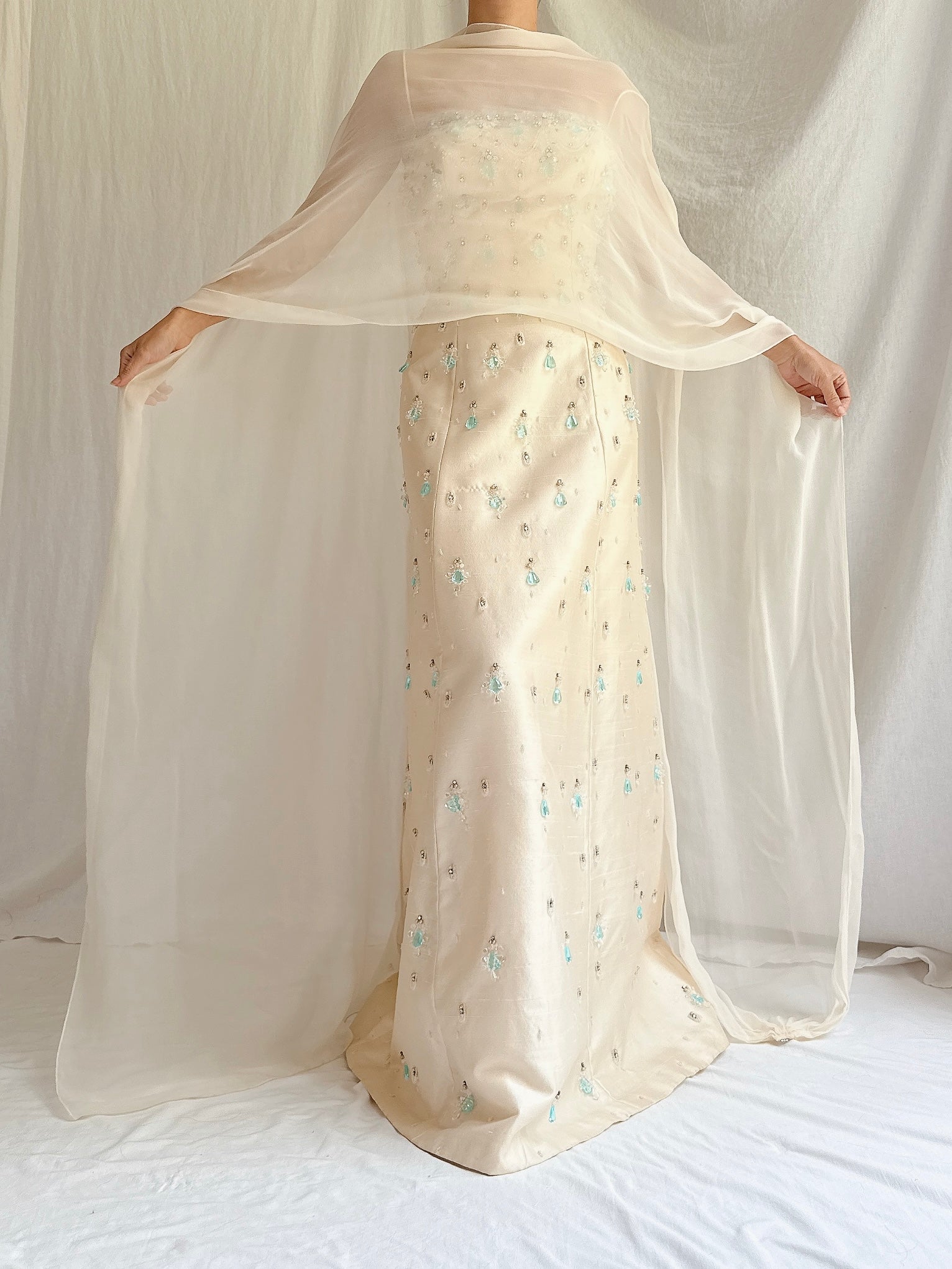 1960s Raw Silk Crystal Gown with Silk Shawl- S/4