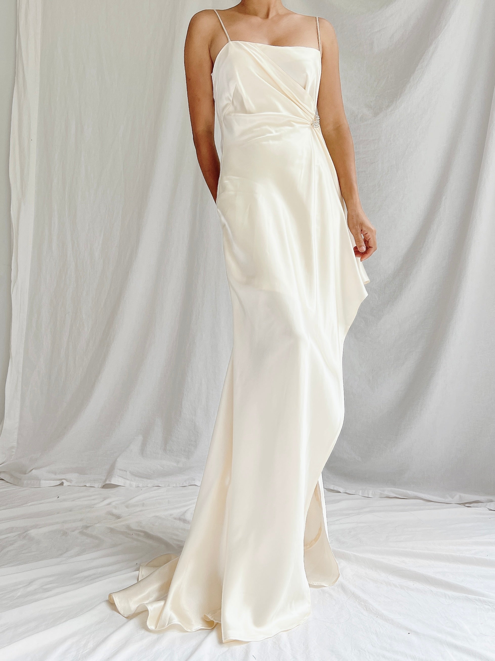 1990s Ivory Satin Draped Gown - XS