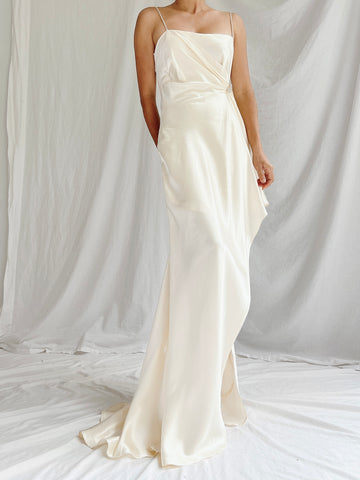 1990s Ivory Satin Draped Gown - XS