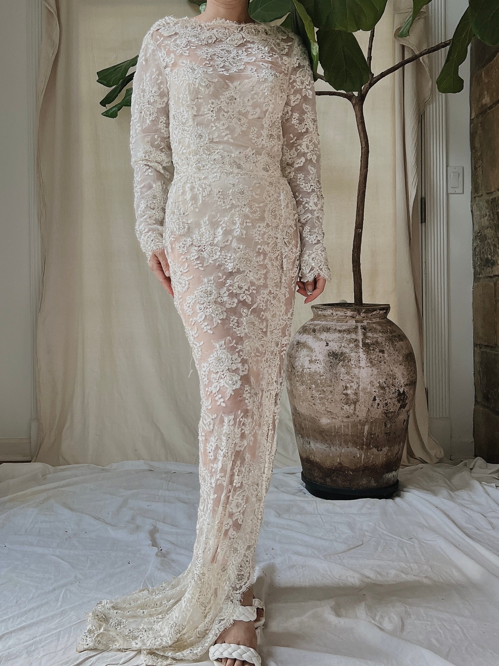 Vintage Silk Lace Beaded Gown - S