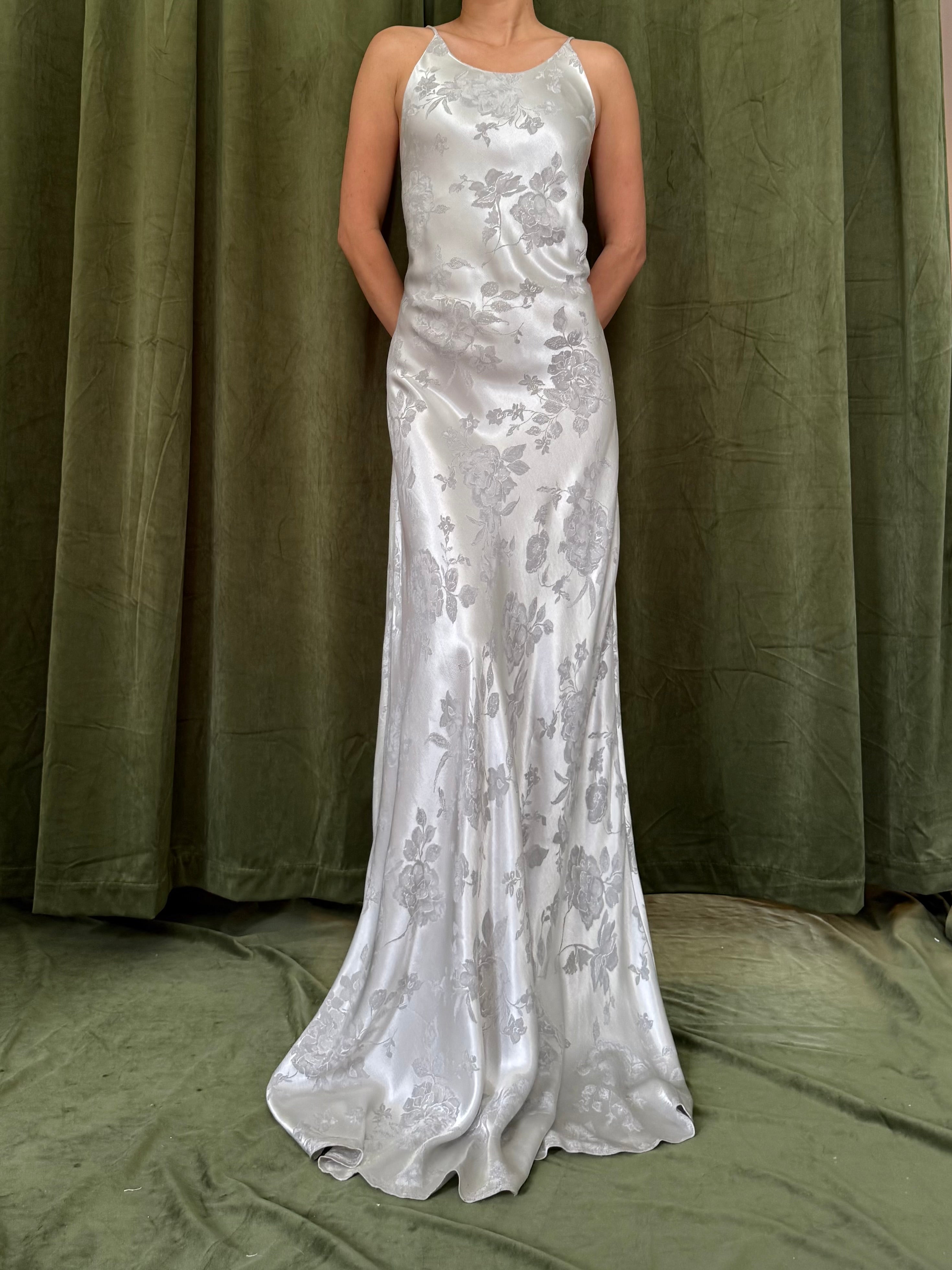1990s Gray Satin Brocade Slip Gown - M