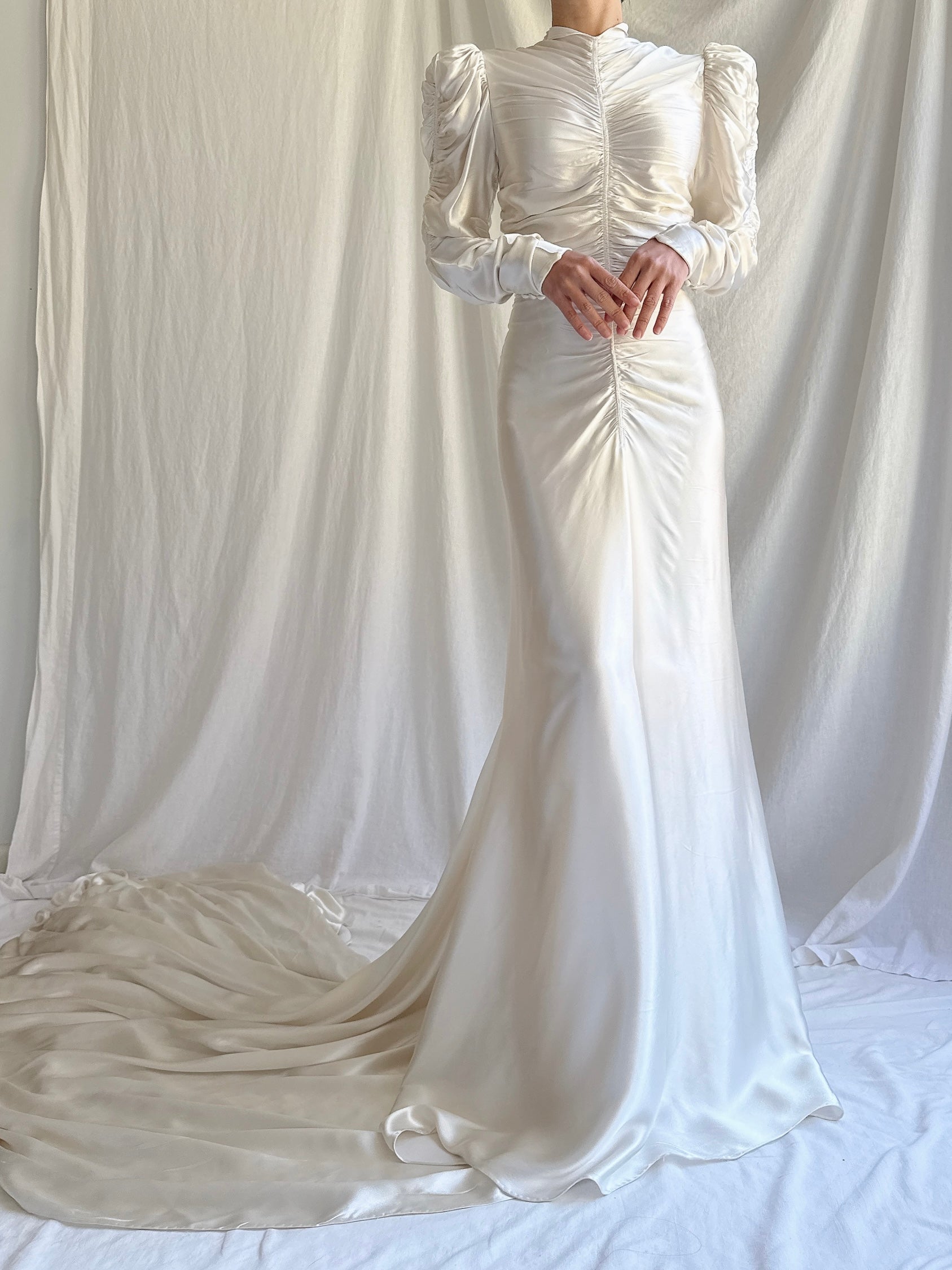 1930s Ruche Long Sleeve Satin Gown - S