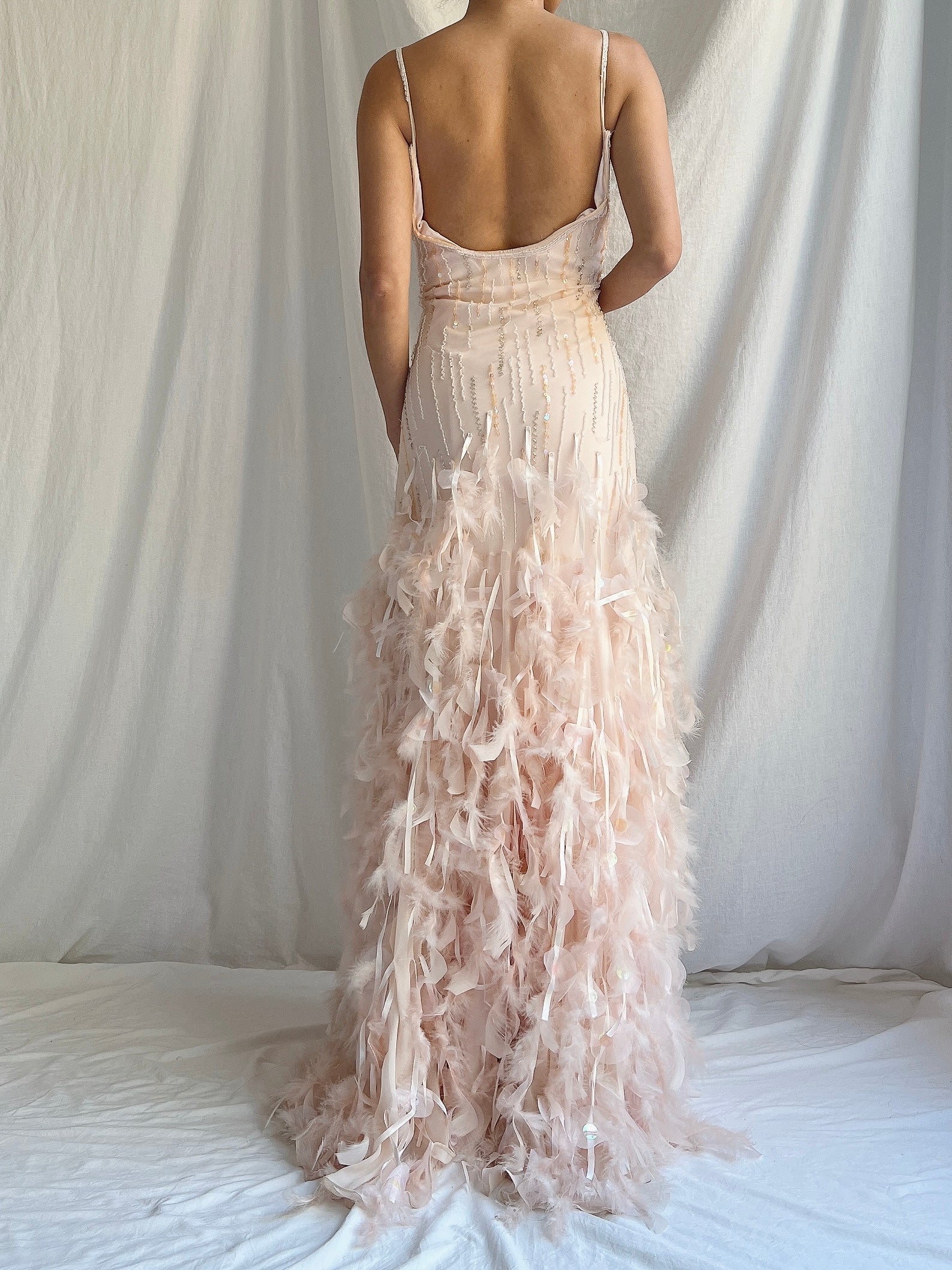 Vintage Blush Silk Feathered Gown - M