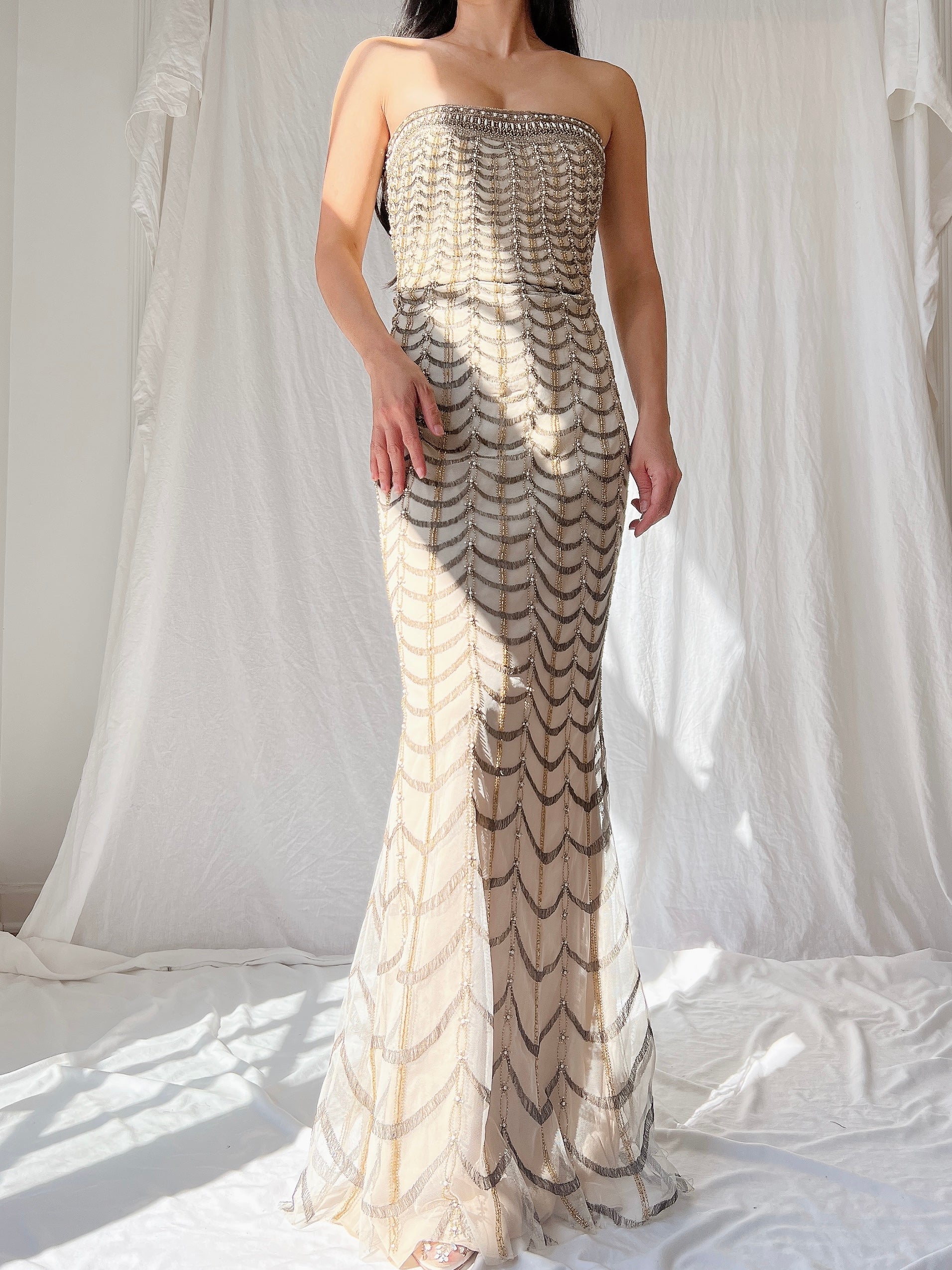 Reem Acra Metallic Embroidered Gown - M