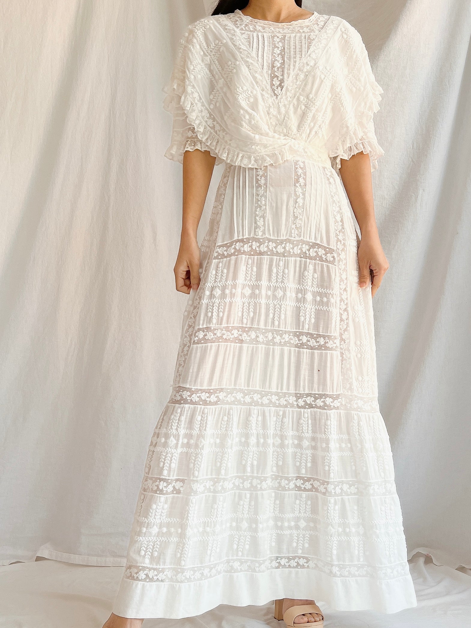 Edwardian Cotton Draped Bodice Lawn Dress - XS | G O S S A M E R Edwardian Cotton Draped Bodice Lawn Dress - XS | G O S S A M E R