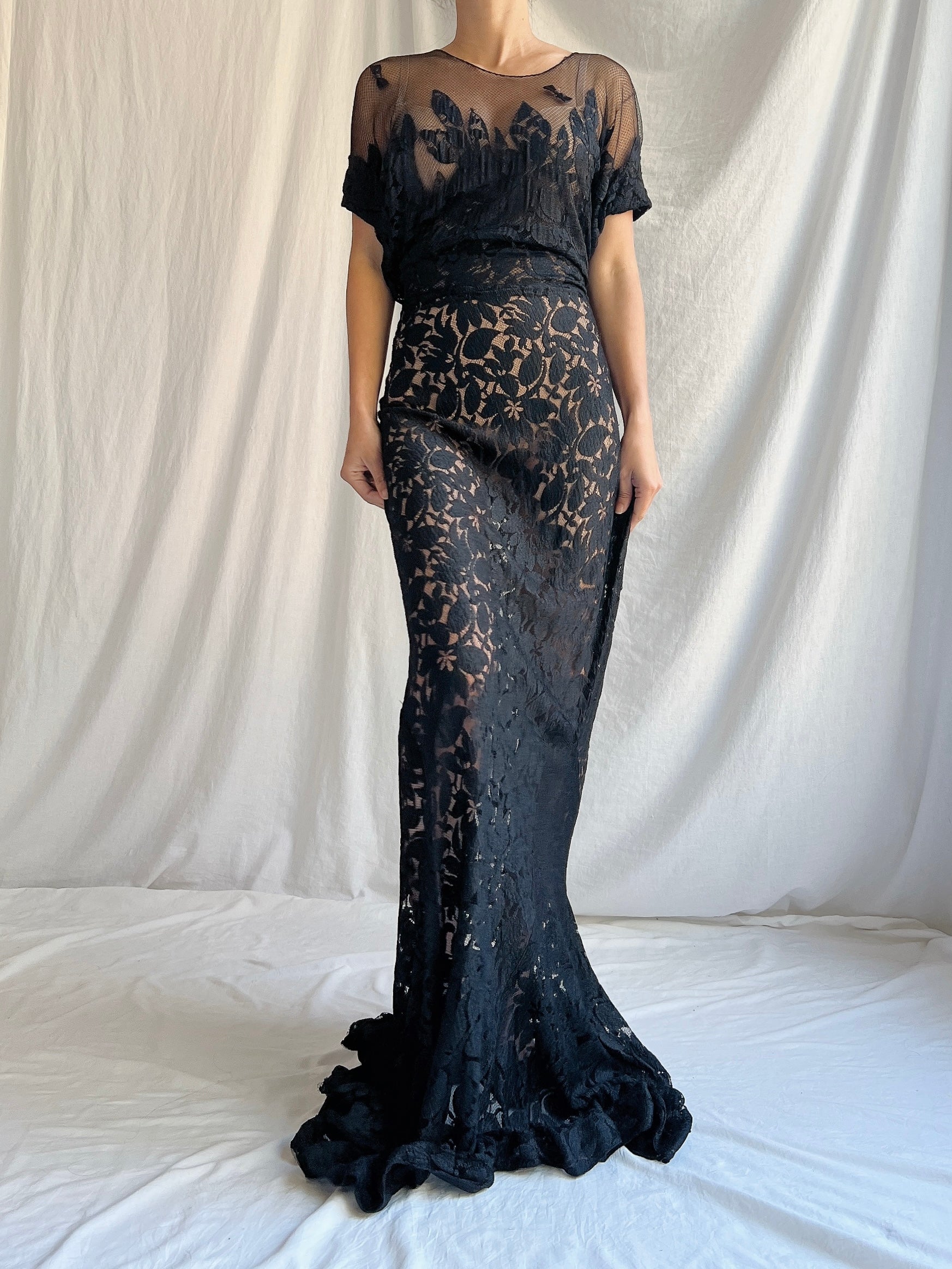 1930s Black Lace Gown - M