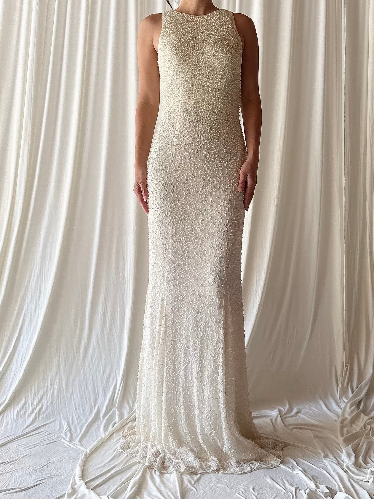 Vintage Silk Pearl Beaded Crewneck Gown - XS