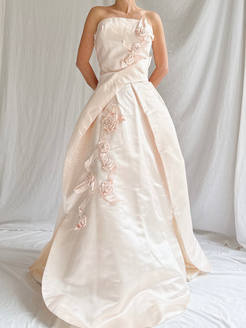 Vintage Shell Pink Silk Duchesse Satin Strapless Gown - S/4/6