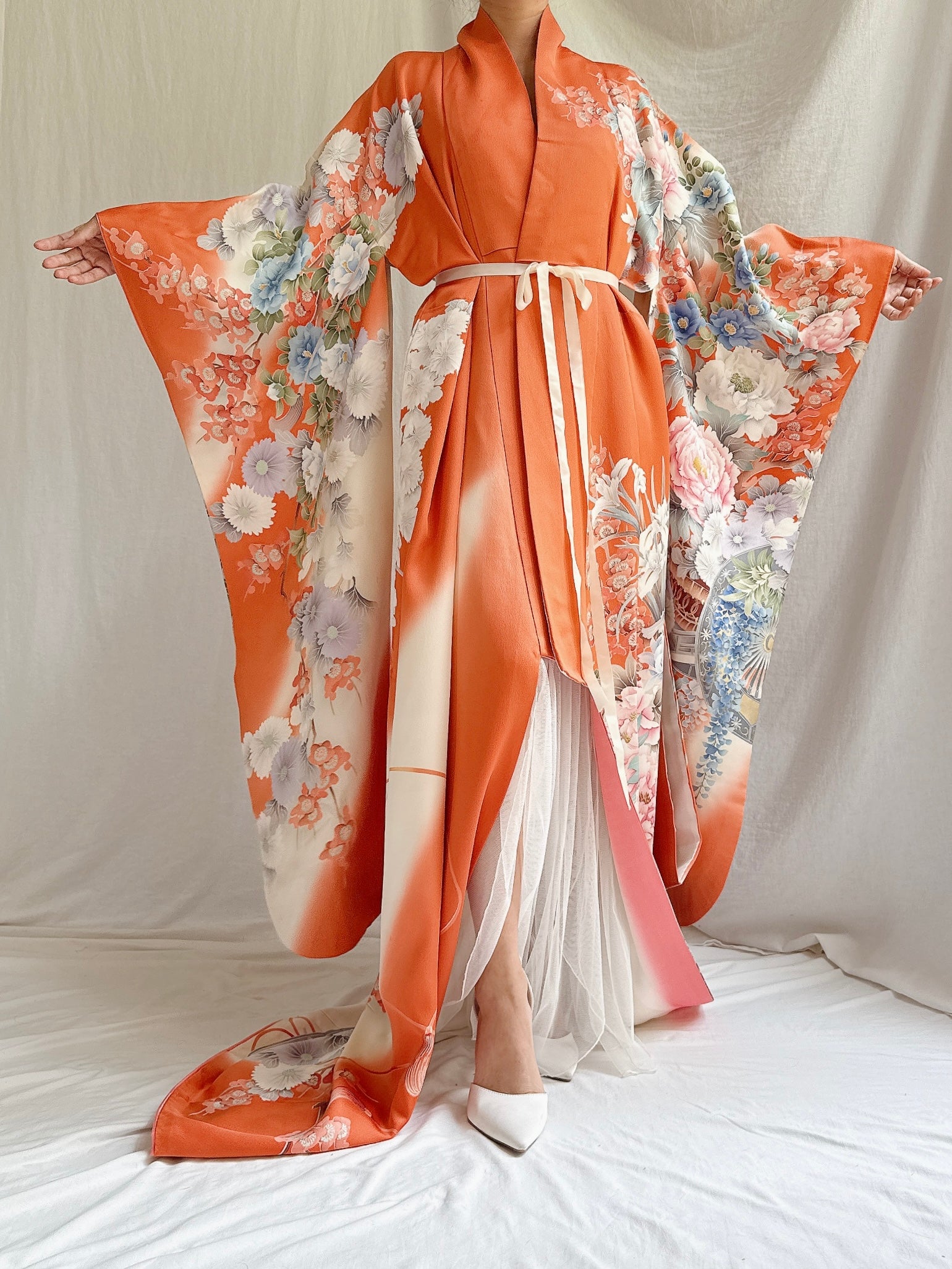 Vintage Orange Silk Kimono - OSFM